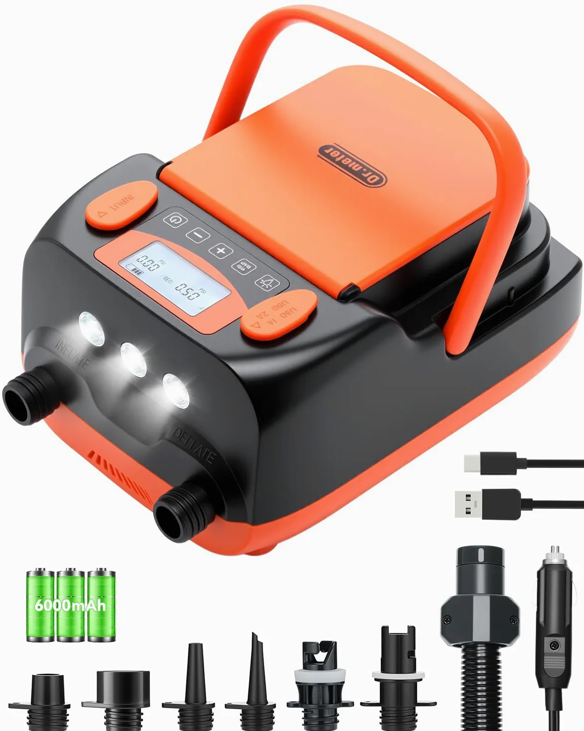 Dr.meter Bomba de Aire Eléctrica de 6000 mAh, 12V DC Coche Conector Bomba de Aire con 2 Puertos USB 3 Luces LED y 6 Boquillas para Paddle,Barco,Colchón