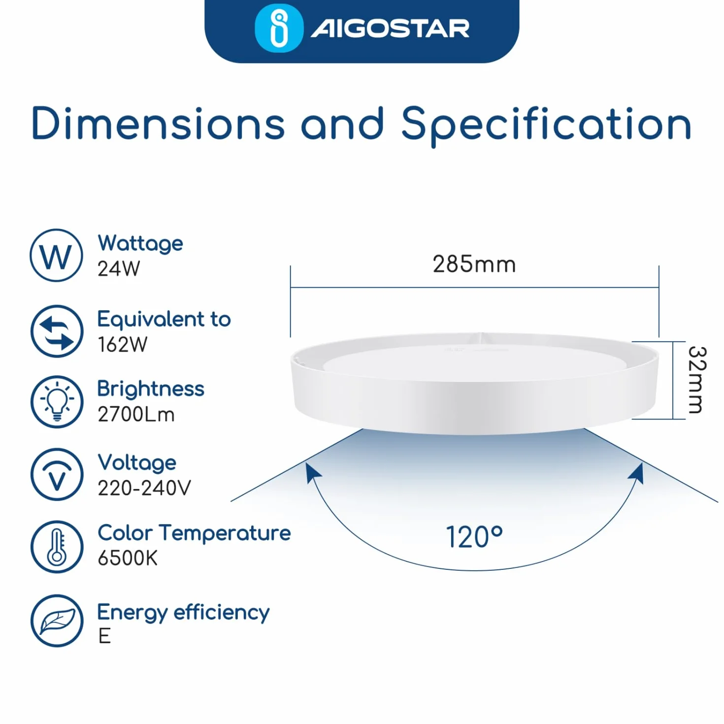 Aigostar Lampara de Techo LED 24W Ø285mm 2700LM Luz blanca fria 6500K para Sala de Estar