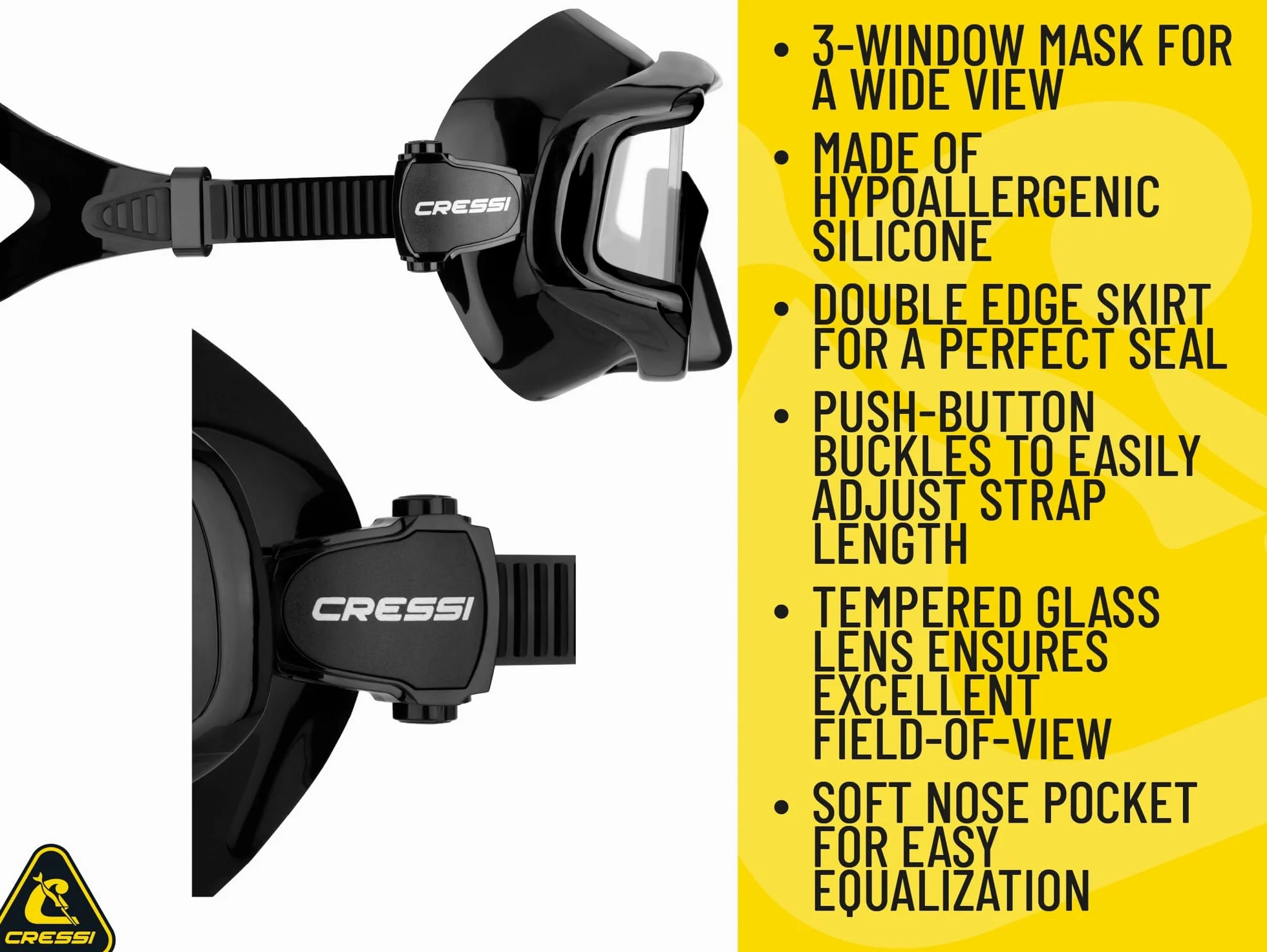Cressi Máscara grande de visión amplia para buceo y esnórquel | Pano 3: diseñada en Italia