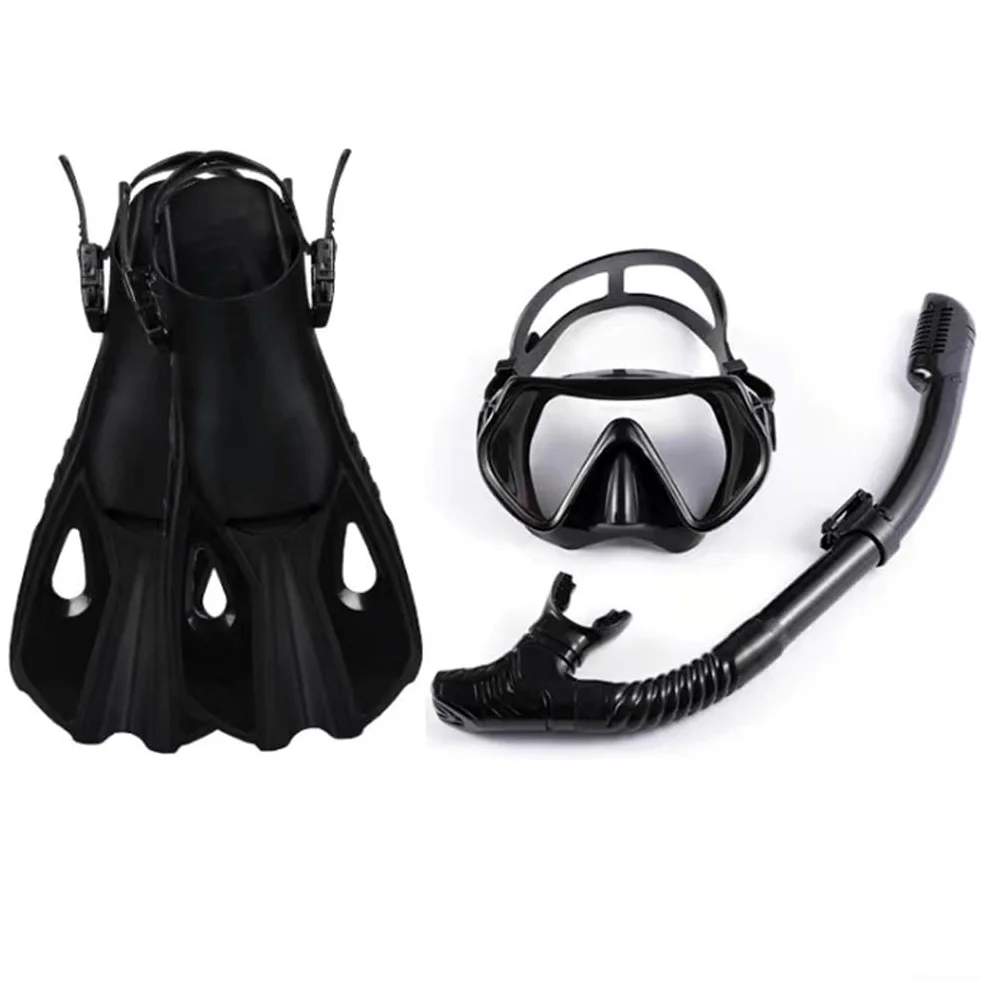 Juego de esnórquel con esnórquel seco, máscara de vidrio templado y aletas ajustables, kit de equipo de buceo de 3 piezas para adultos y principiantes, equipo de natación y aventura submarina