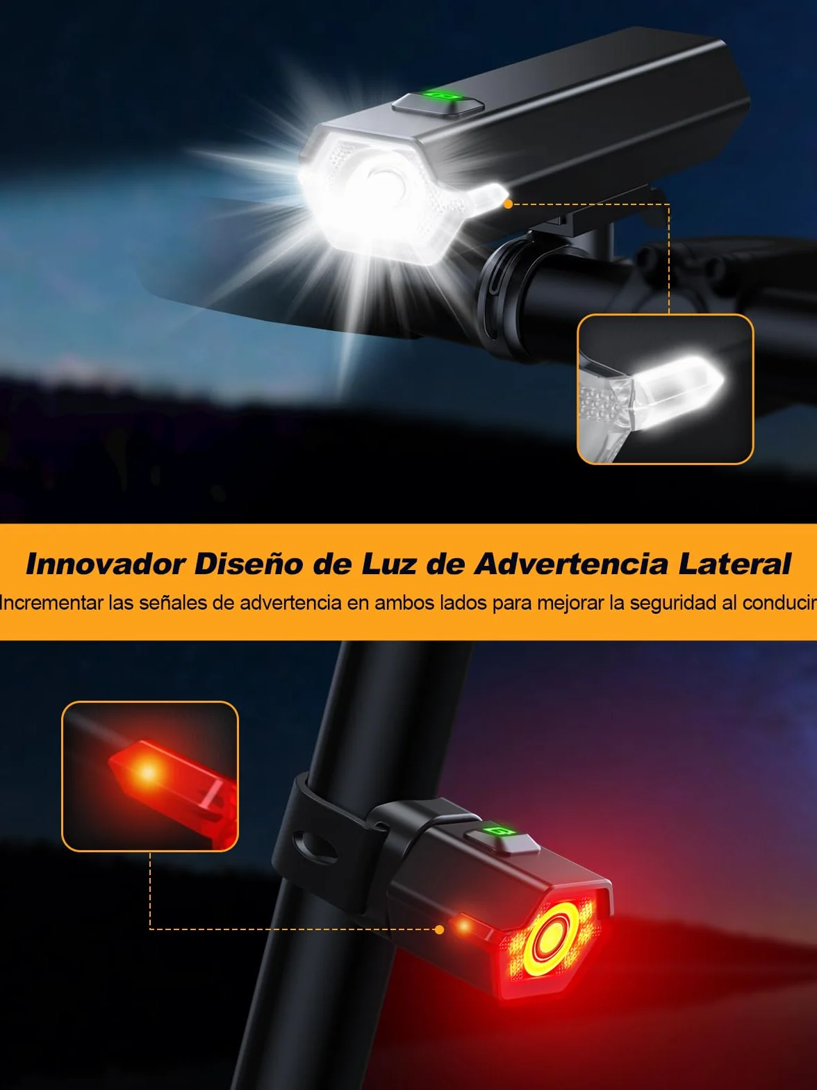 Glangeh Luces Bicicleta Delantera y Trasera Recargables Súper Brillantes, 4+6 Modos Luz Bicicleta Delantera LED,Luces Laterales, IP65 Impermeable- Accesorios Iluminación Bicicleta para Día/Noche Niños