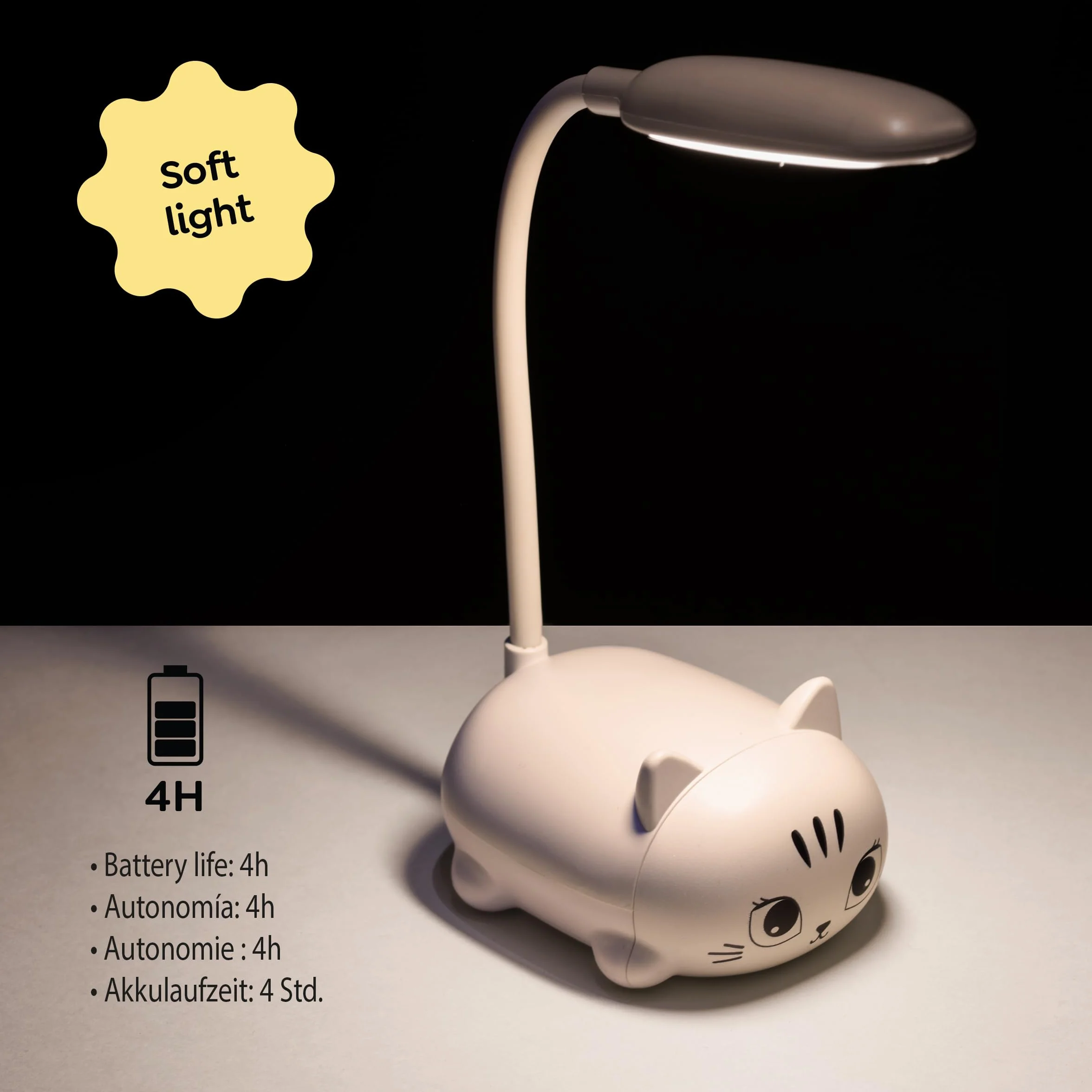 Back2Fun Lámpara de escritorio infantil gatito LED cálida cuello flexible recargable USB luz noche estudio