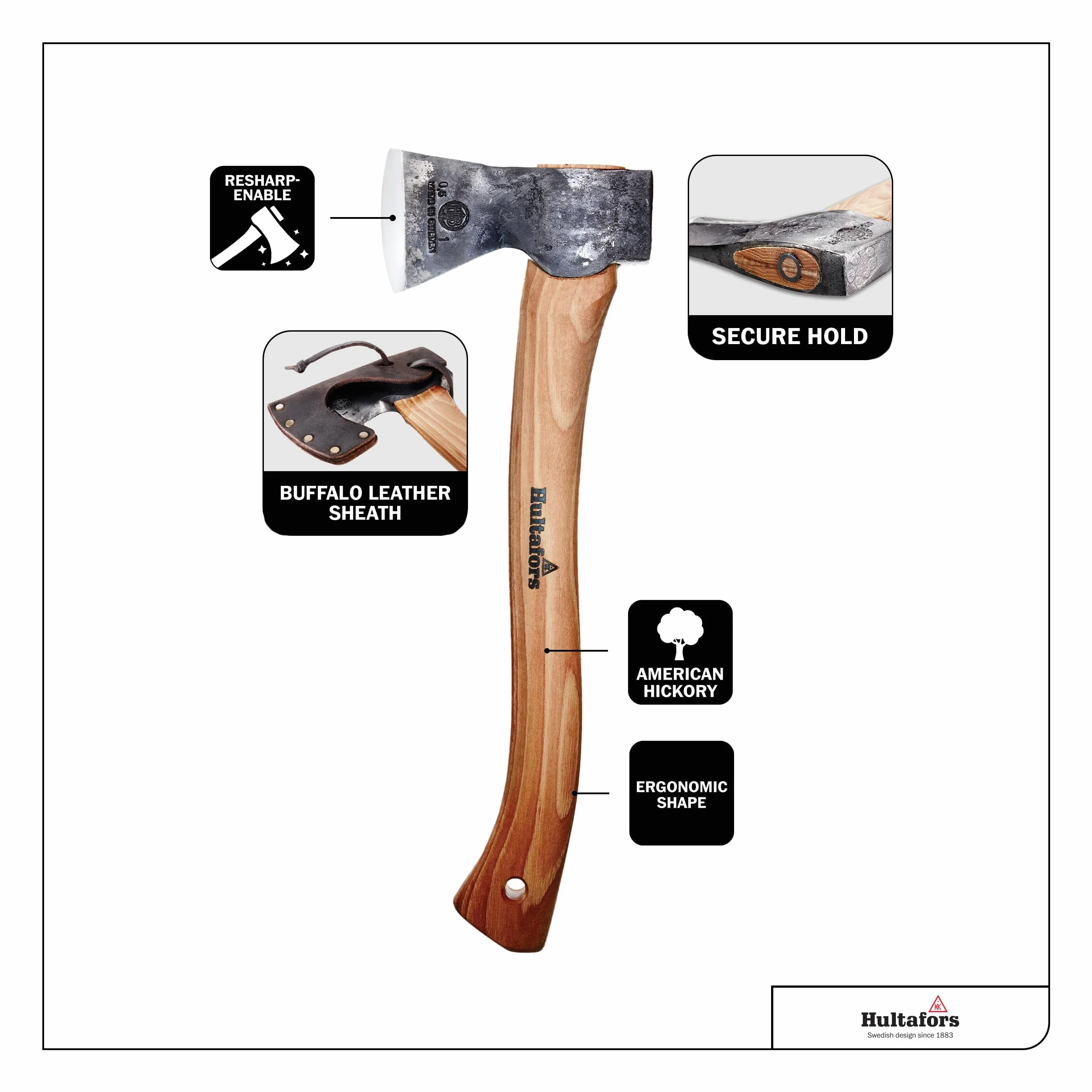 Destral Hultan forjada a Mano de 375mm Hecho de Acero Sueco I Hultafors I Forjado en Suecia I Hacha de 805g con Mango de Madera de Nogal Americano con Funda Protectora de Cuero I Reafilable I 841701