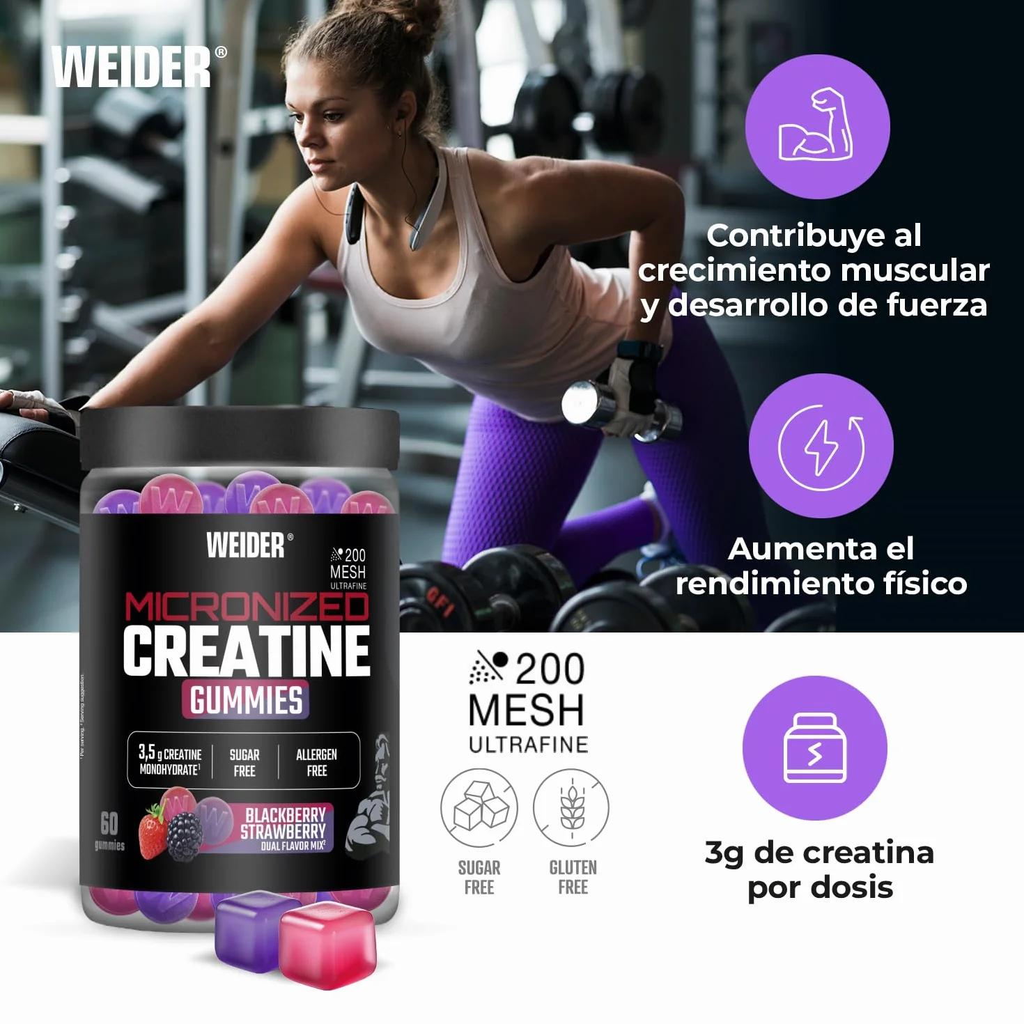 Weider Micronized Creatine Gummies 60 gominolas Sabor DUO Fresa-Mora 3,5g creatina monohidrato 200 MESH porción 20 porciones