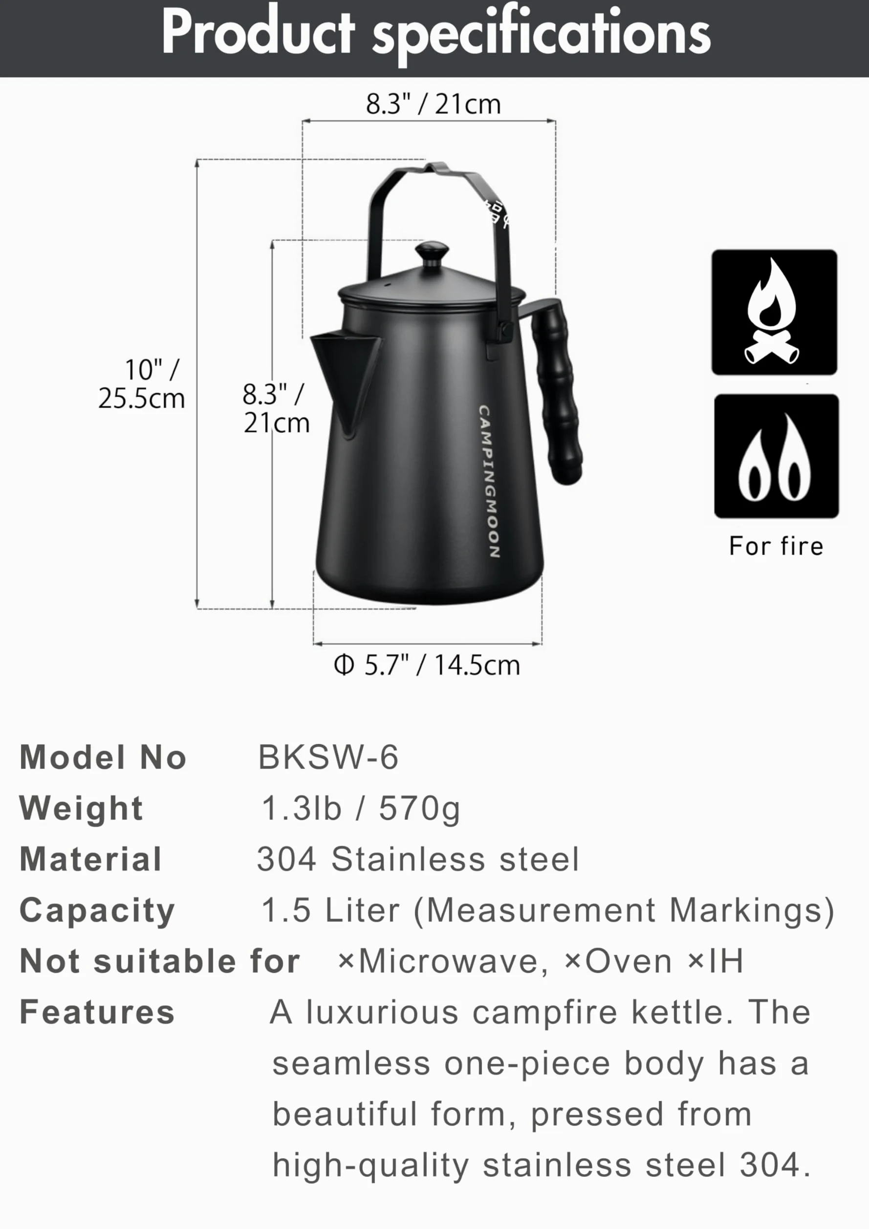 CAMPINGMOON BKSW-6 - Hervidor de acero inoxidable para fogata de 1,5 L, color negro