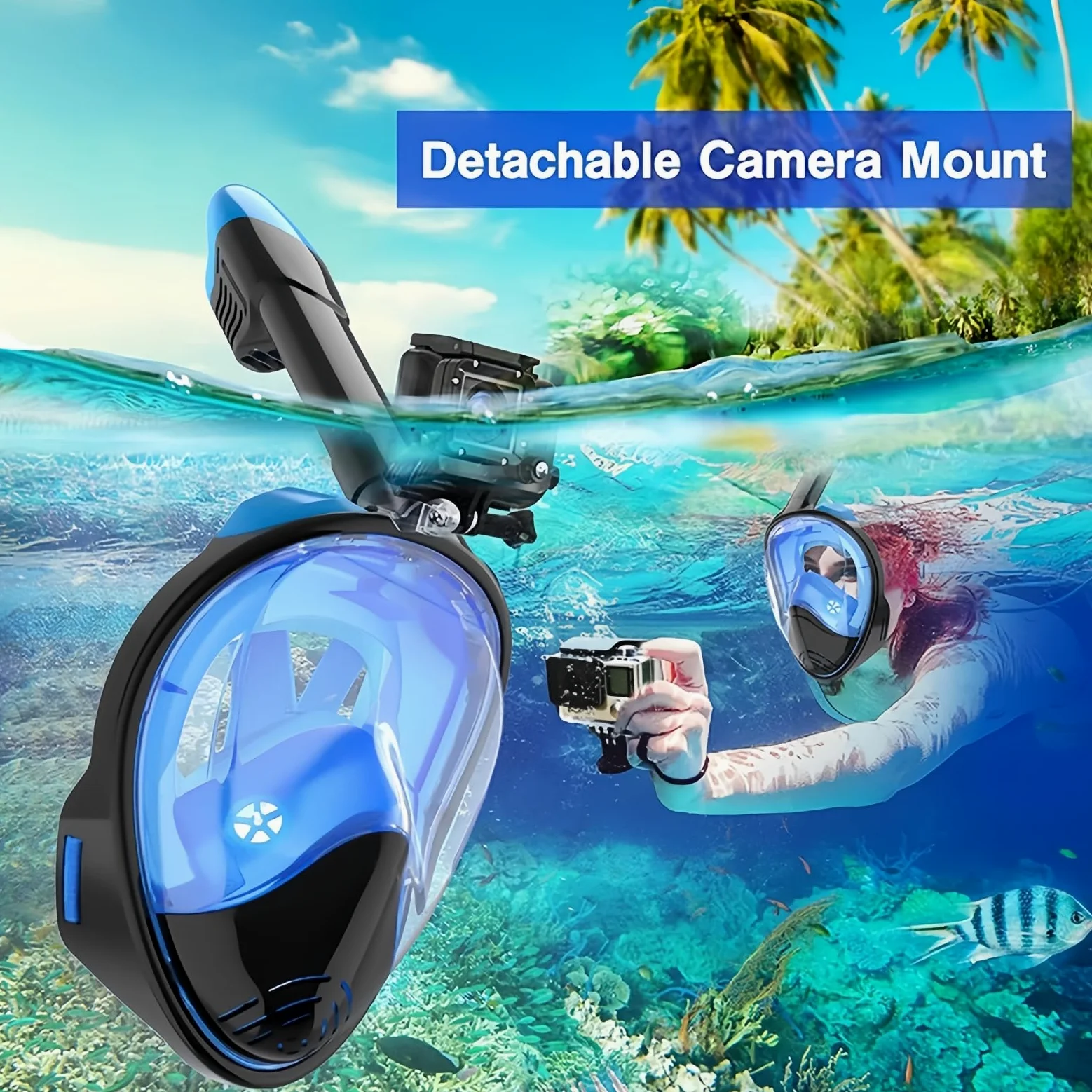 Máscara de snorkel para adultos y niños, máscara de buceo, plegable, protección de CO2, máscara completa con posición de cámara, máscara de buceo