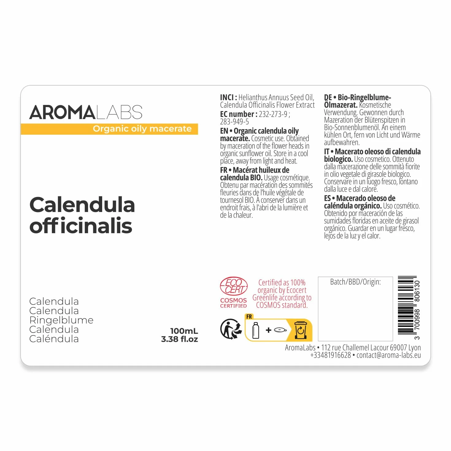 Aceite de Caléndula BIO Macerado Oleoso 100 mL Aroma Labs