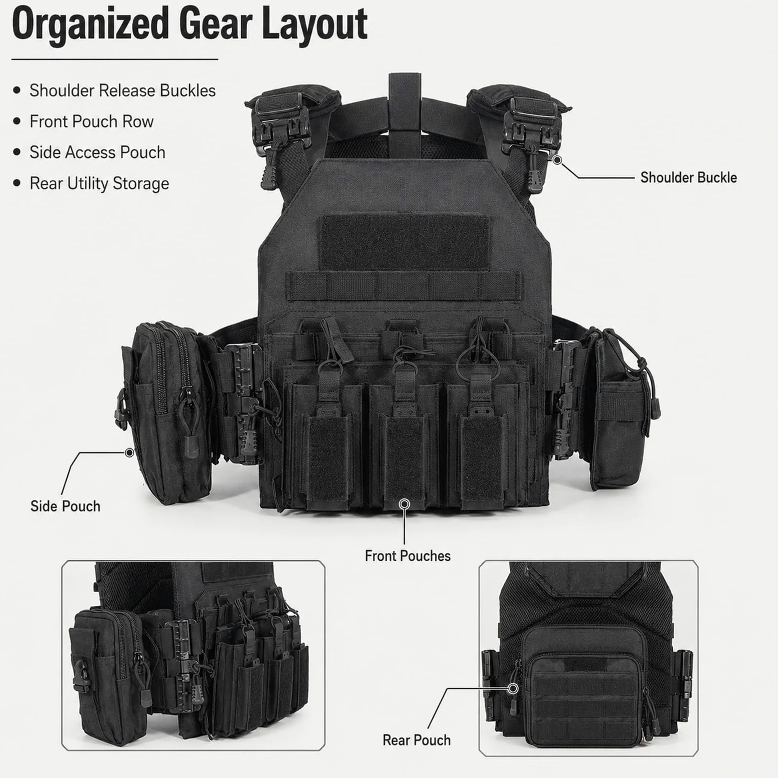 Genérico Arnes de Carga Modular Kit, Chaleco de Pecho Airsoft Ajustable | Incluye Base Bolsa Triple Panel Navegacion Bolsa Smartphone Bolsa Radio y Bolsa Trasera de Carga Utilidades