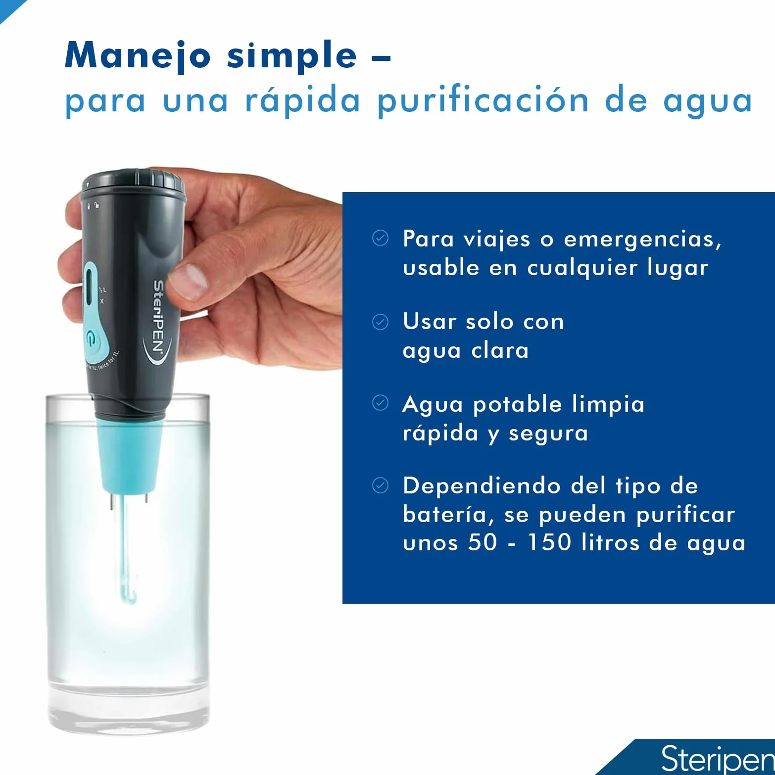 Purificador de agua SteriPen Aqua UV - Ideal para viajes y aventuras al aire libre - Elimina el 99,9% de virus, bacterias y protozoos en 90 segundos, de forma segura y sin productos químicos.