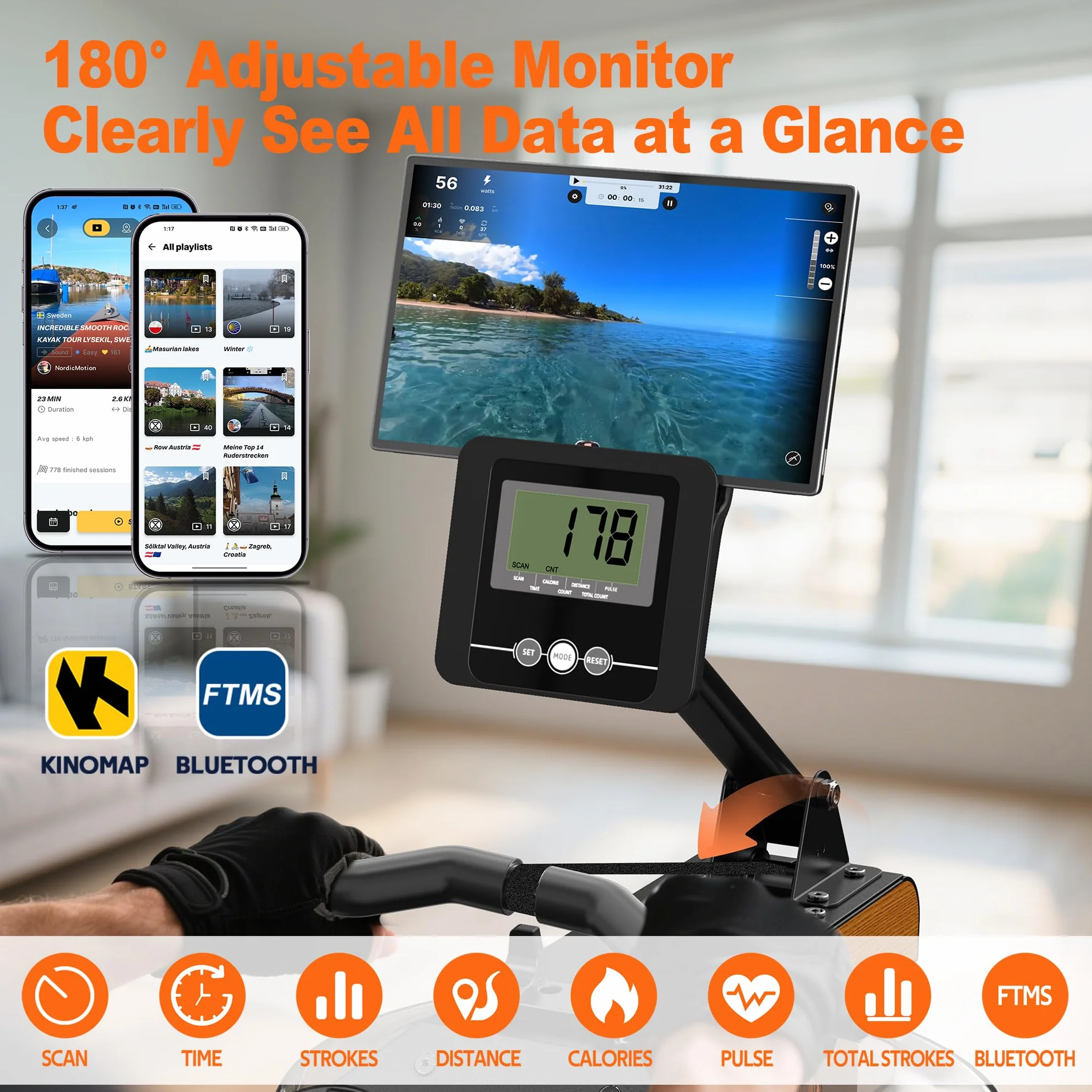 Máquina de Remo, Máquina de Remo de Agua con Monitor Bluetooth y Soporte para Tableta Ajustable, Máquina de Remo Plegable, Máquinas de Remo Capacidad de Peso 160 kg, Fácil Montaje