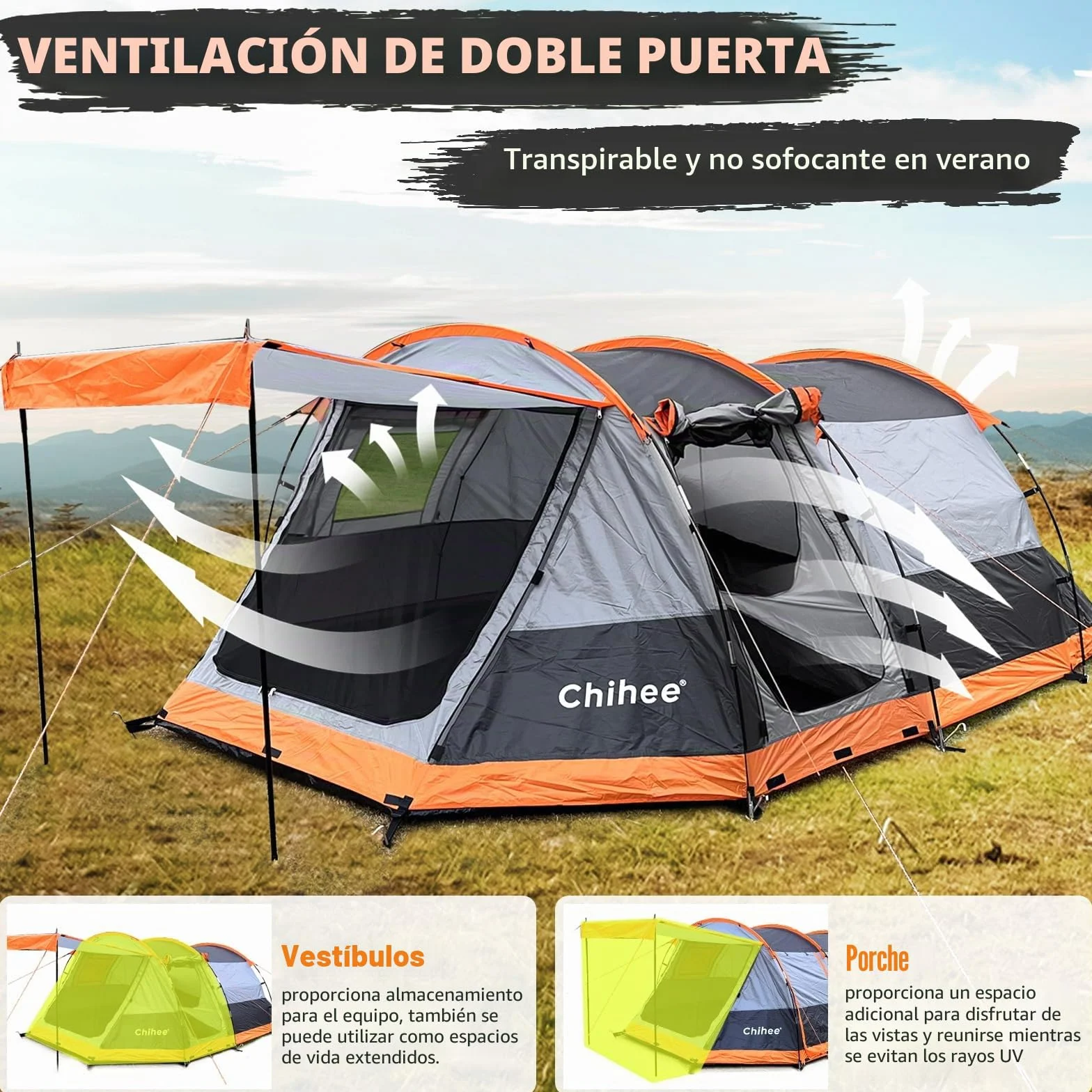 Chihee Tiendas de Camping Tienda Túnel Tienda Familiar 4 Personas con 2 Puertas Tienda de campaña Resistente a la Intemperie Tienda 4 Estaciones Doble Suelo Impermeable Porche con mosquitera Bolsa