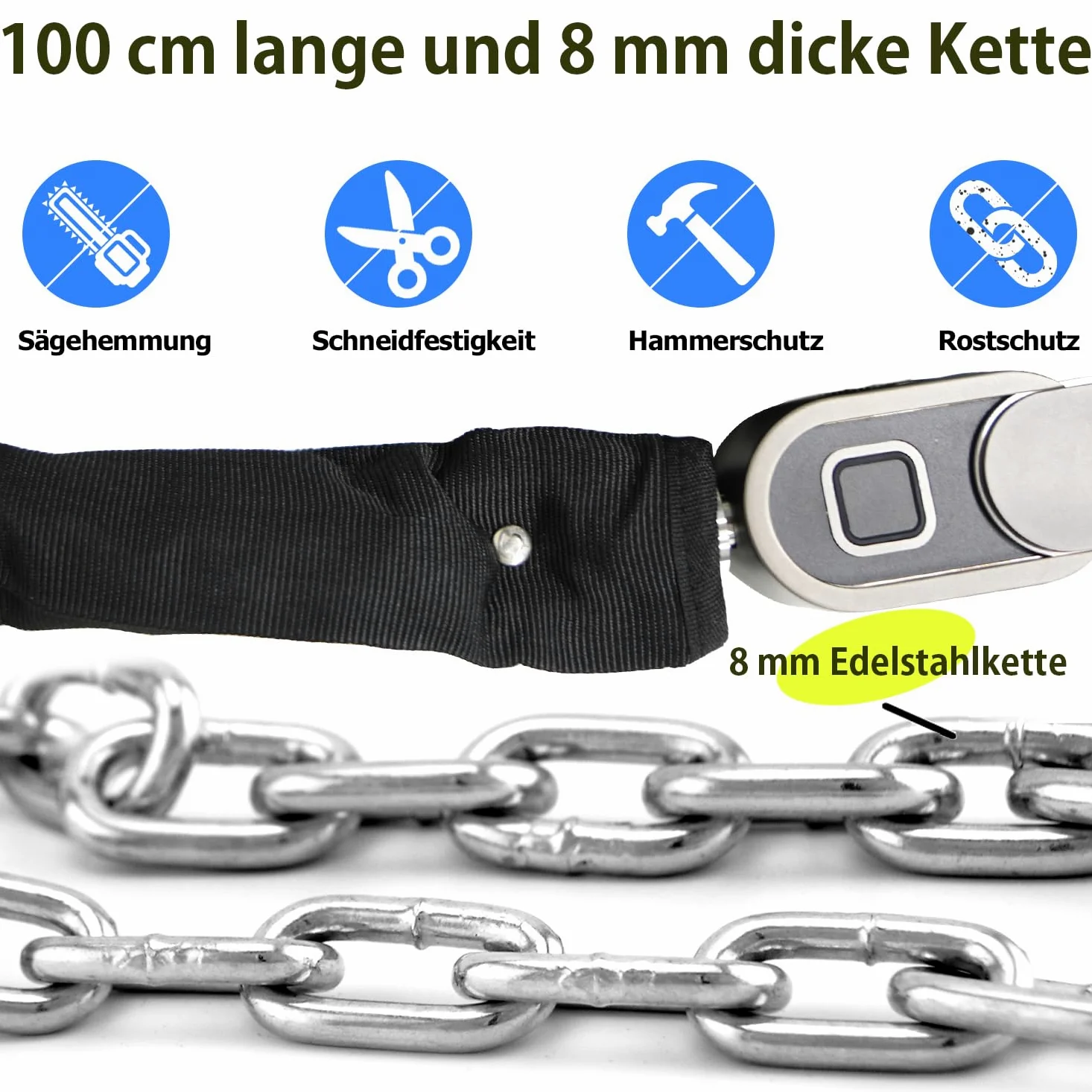 Candado de cadena para bicicleta con llave eLinkSmart impermeable Bluetooth App Bike Lock (100 cm de longitud 8 mm de diámetro) para bicicleta, scooter, moto, portón
