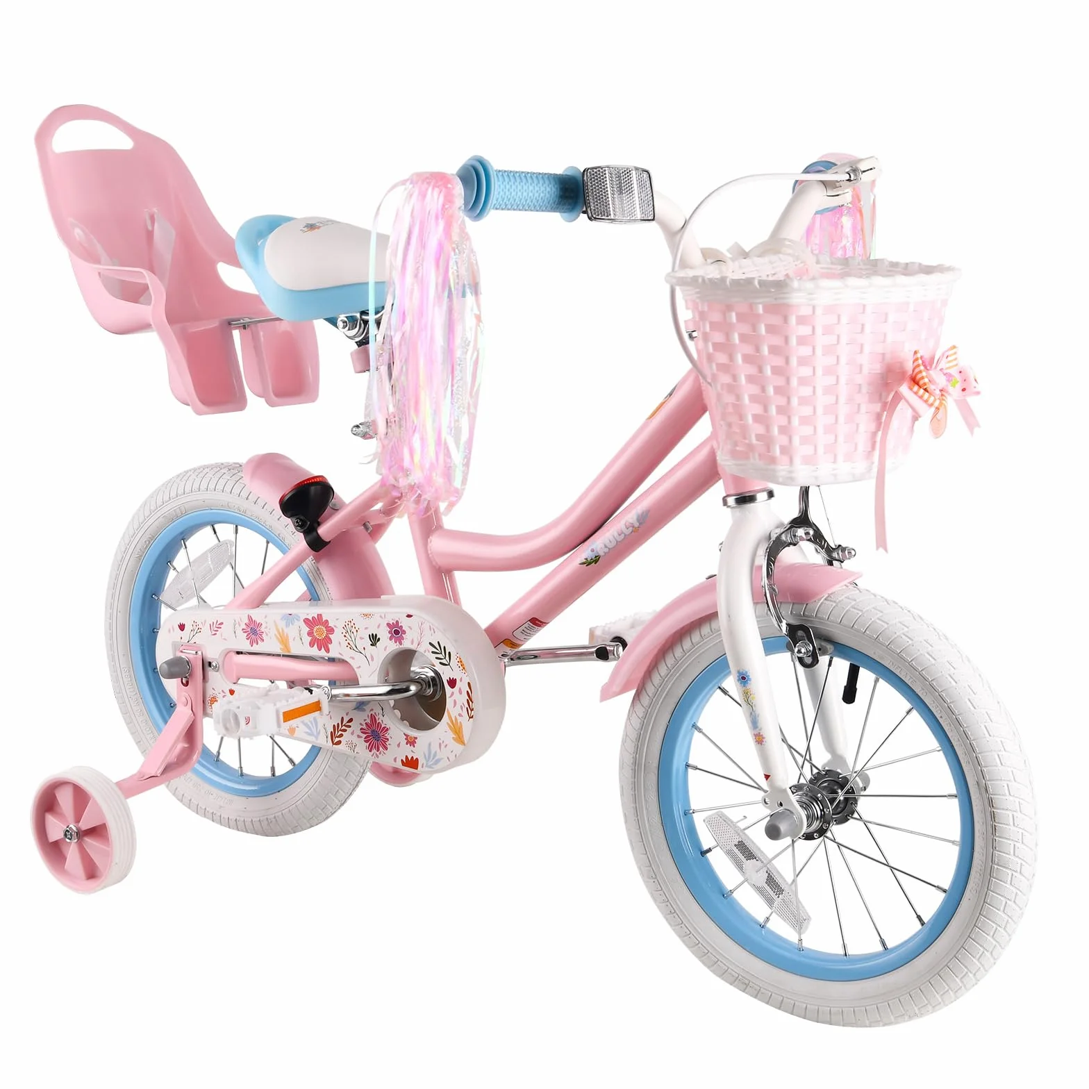 RULLY Daisy Bicicleta Niño 12 14 16 Pulgadas para Niñas de 2 a 7 Años - Bicicleta Princesa con Asiento Muñeca, Ruedas, Cesta y Cintas, Multicolor