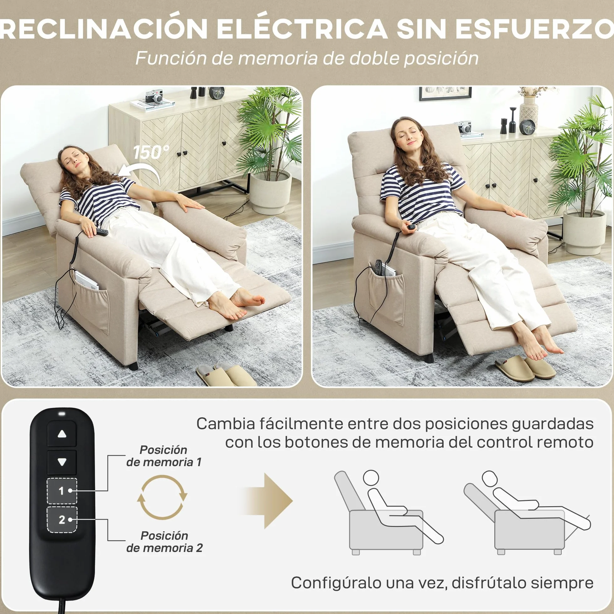 HOMCOM Sillón Relax Reclinable Eléctrico con Calor Lumbar y Masaje Vibración, Beige