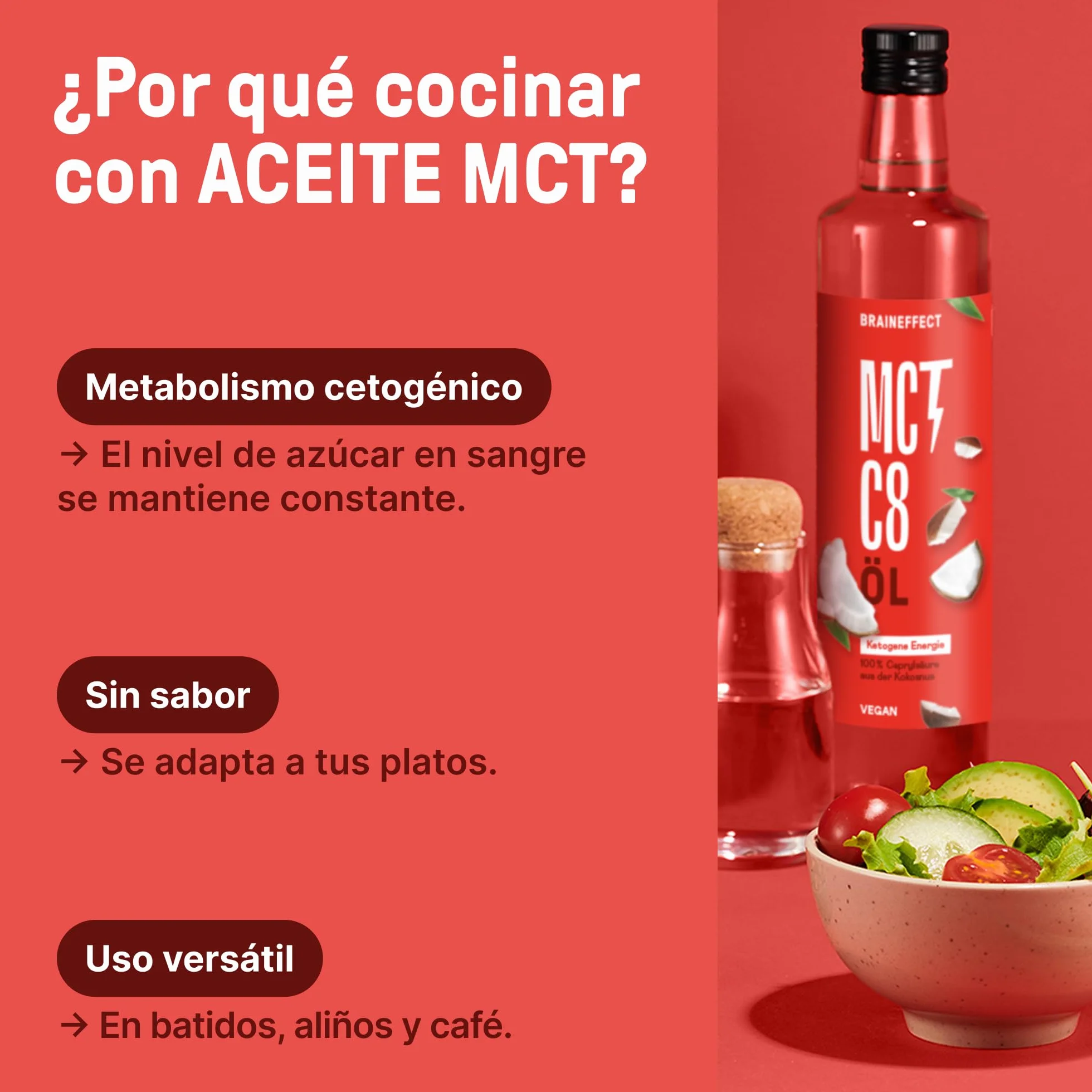 BRAINEFFECT Aceite MCT 100% C8 1000 ml Botella metálica protectora