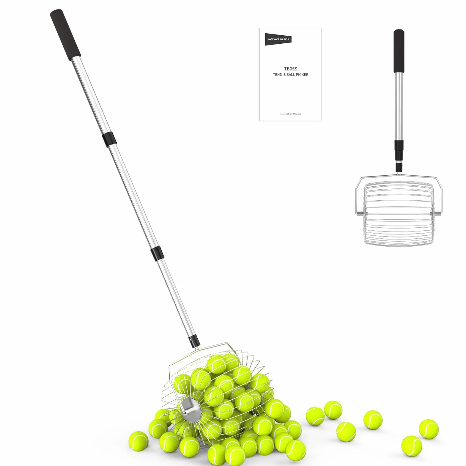 NEEWER Basics TB05S - Recolector de Pelotas de Tenis, no más agacharse, recogedor Ovalado de 80 – 144 cm, recogedor telescópico para hasta 35 Pelotas de Tenis