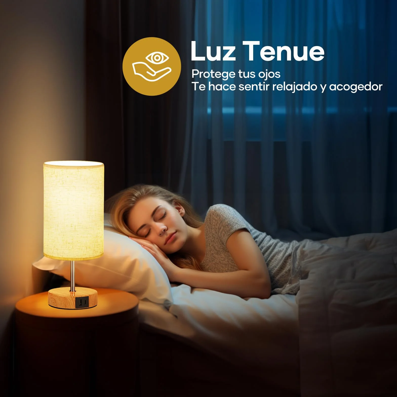 Suright Lámpara de Mesita de Noche Táctil Regulable con Puertos USB A+C, Lámpara de Mesa Pequeña para Dormitorio
