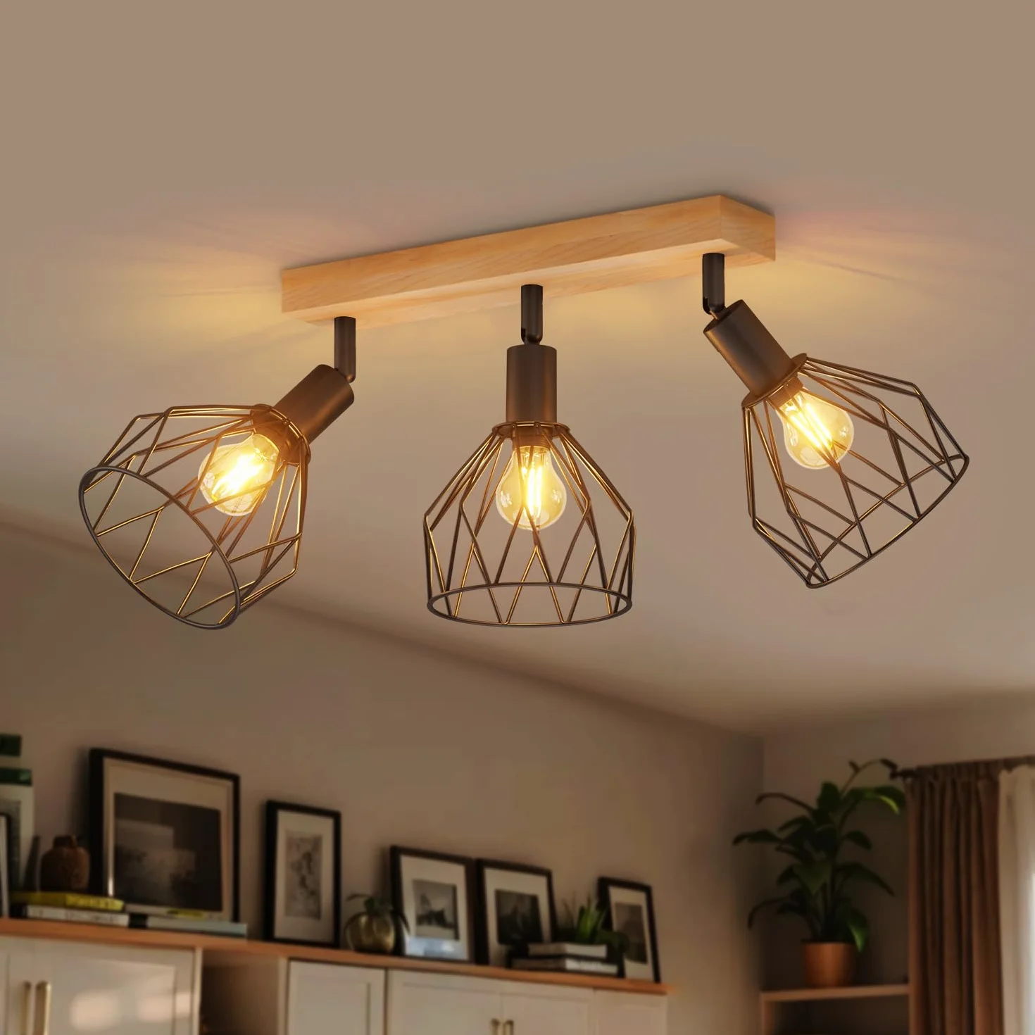 LVWIT Lámpara de Techo de Madera Negra Focos de Pared Cocina E14 Ajustable 3 Vías Industrial
