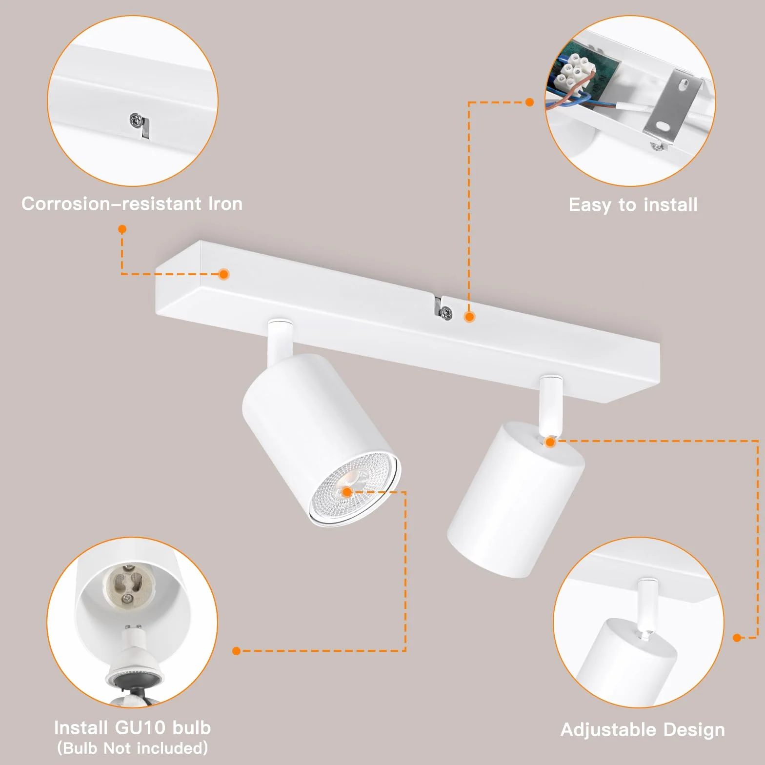 Ketom GU10 Lámpara de Techo 2 Focos Orientables, Blanco, Moderna, para Salón, Dormitorio, Cocina