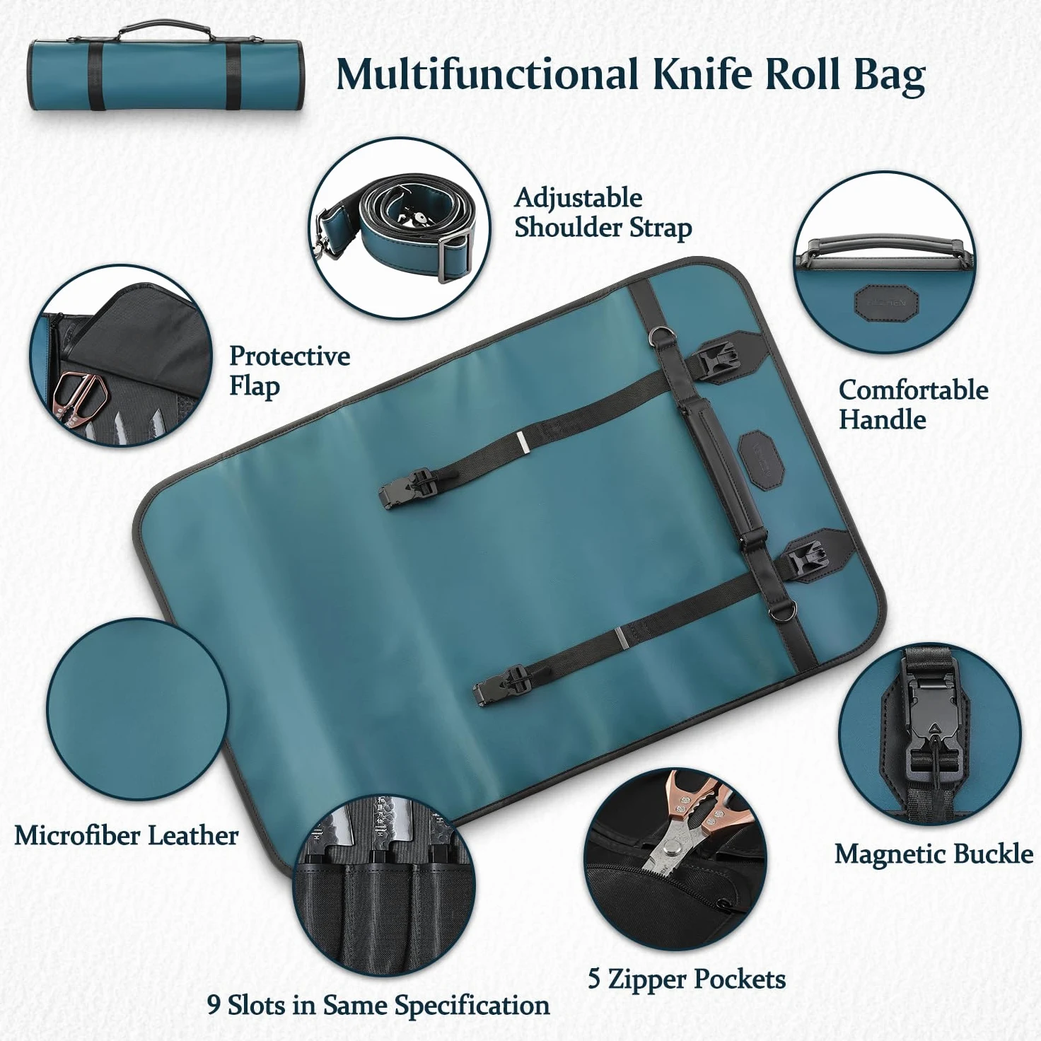 HEZHEN Bolsa para Cuchillos Profesional de Cuero(Sin Cuchillo)-Verde | Microfibra de Cuero,Correa Ajustable,9 Ranuras & 5 Bolsillos con Cremallera,Solapa Protectora-Viaje y Almacenaje