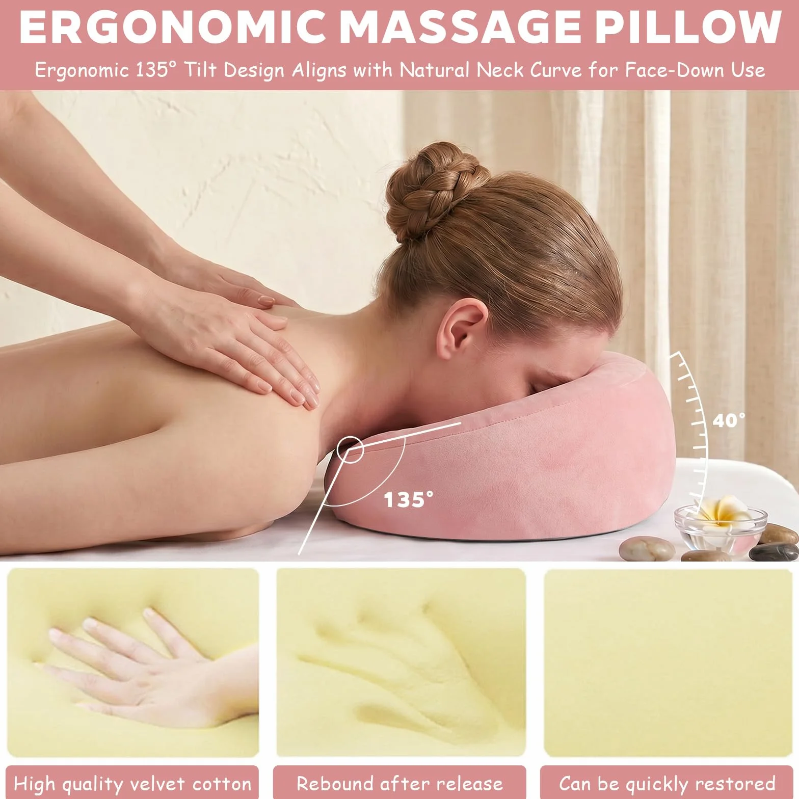 Almohada de Masaje Facial Boca Abajo con Agujero - Reposacabezas en Forma de U con Espuma Viscoelástica Rosa