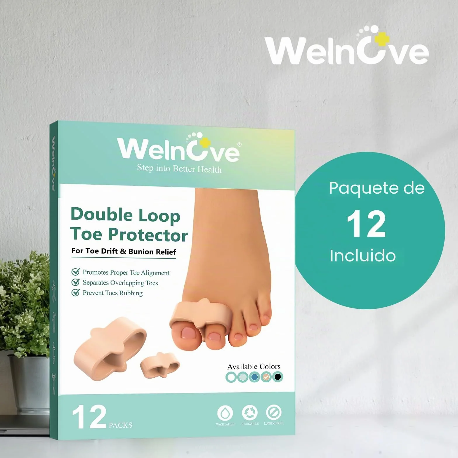 Separadores de dedos grandes Welnove 12 unidades con 2 trabillas para dedos superpuestos beige