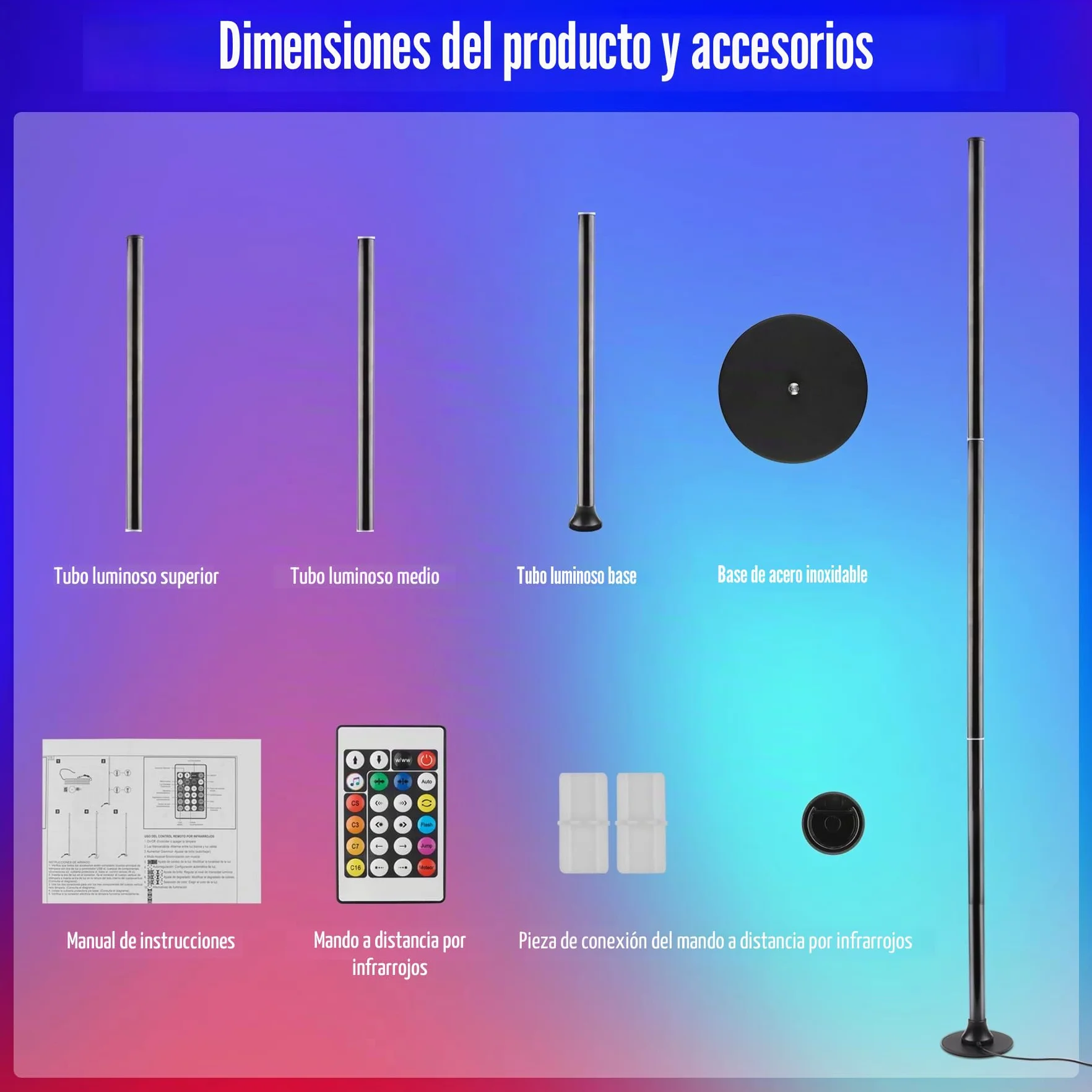Lámpara de pie LED RGB con control por aplicación y mando a distancia, sincronización musical, 16 millones de colores