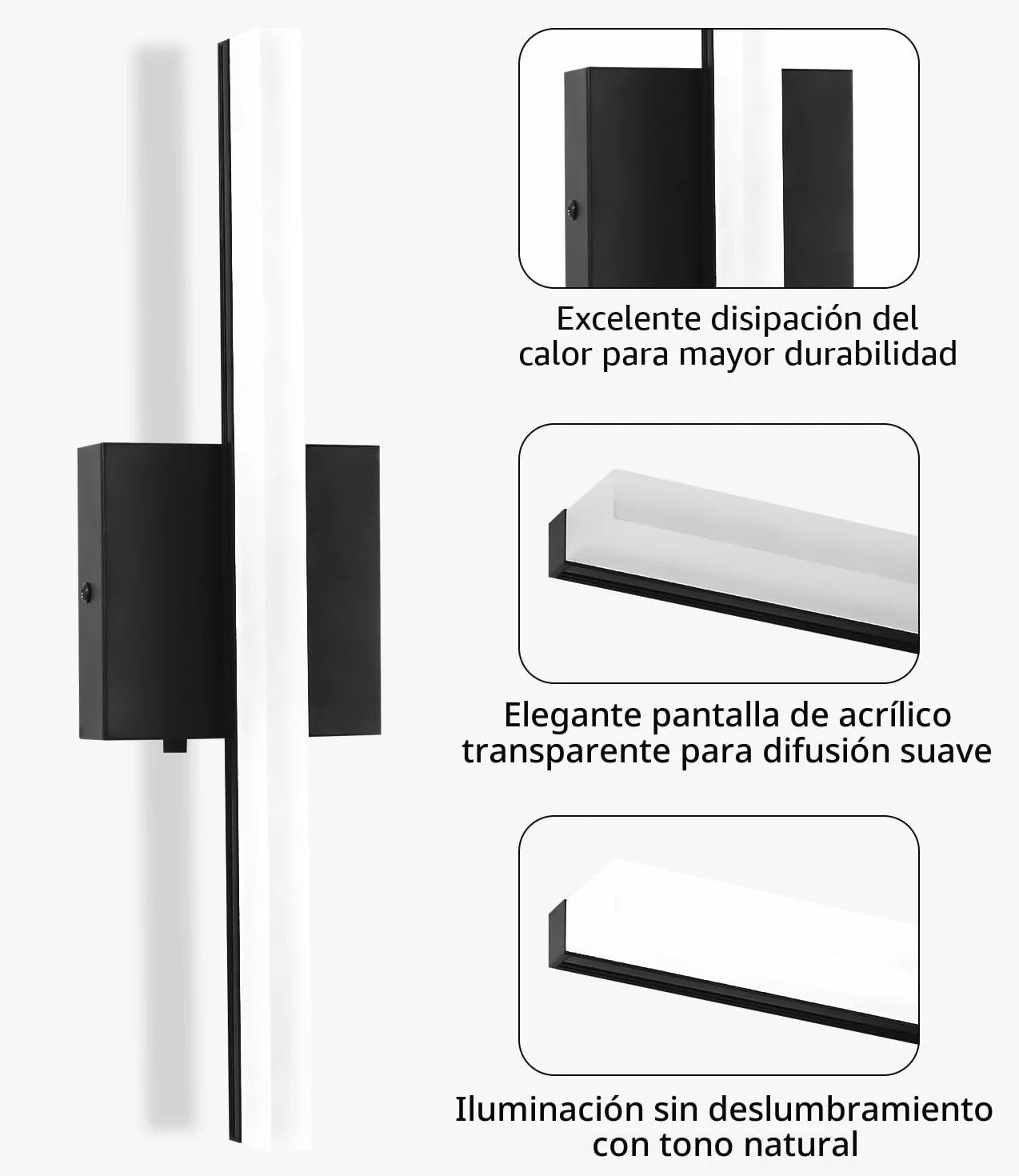 Lámpara de Espejo para Baño 40CM LED 3000-6000K Control de Color Aplique Acrílica Pared Moderna