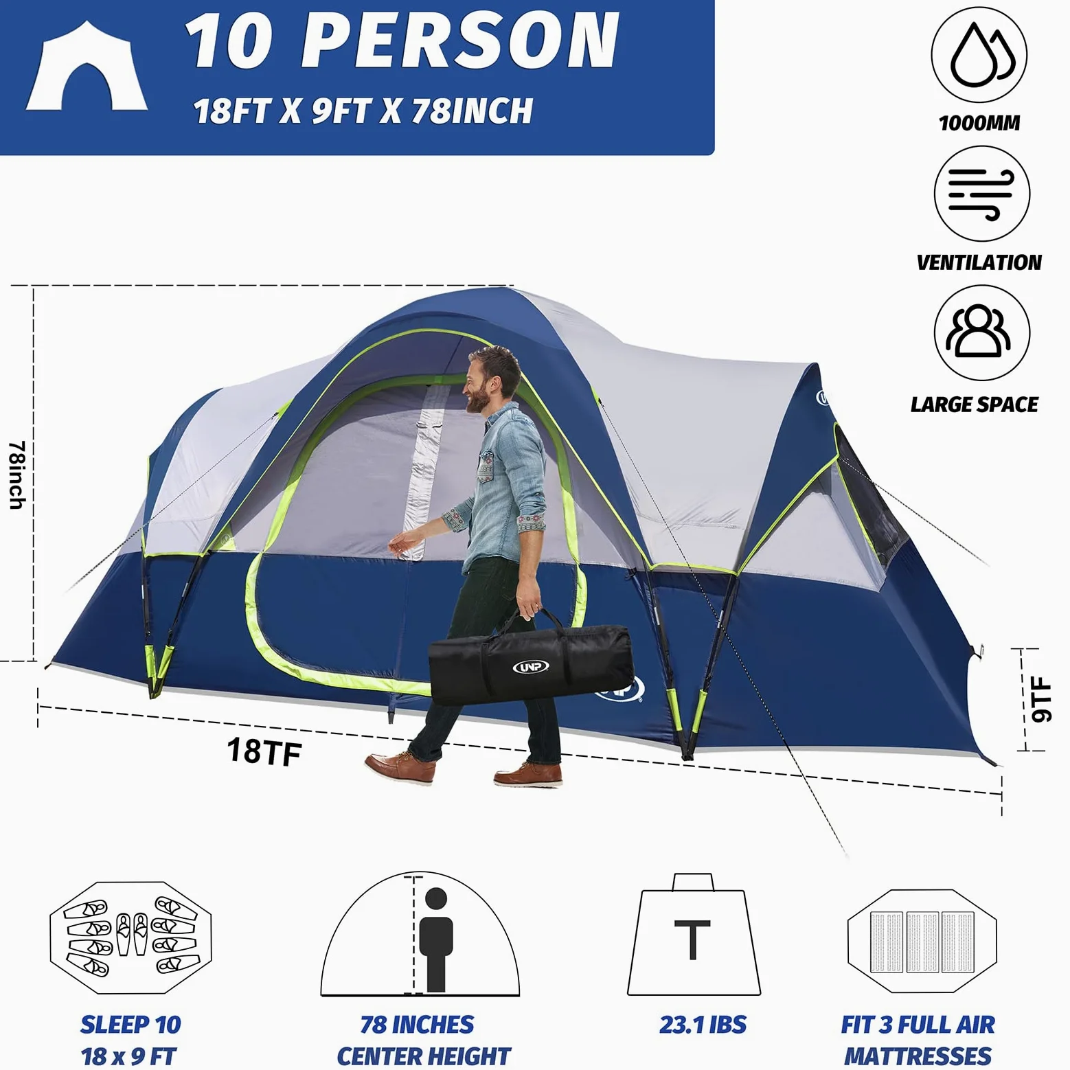 UNP Tienda de Campaña 10 Personas, Tienda Familiar Grande Impermeable 1500 mm PU, 549 x 274 x 198 cm, 2 Habitaciones con Separador, 5 Ventanas de Malla, Altura para Estar de Pie