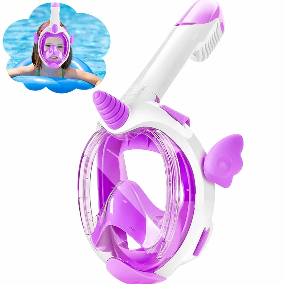 Máscara de esnórquel de unicornio para niños de 4 a 12 años, 180° HD, antivaho y antifugas, gafas de buceo para niños con esnórquel, máscara de esnorquel segura de CO2 (morado)