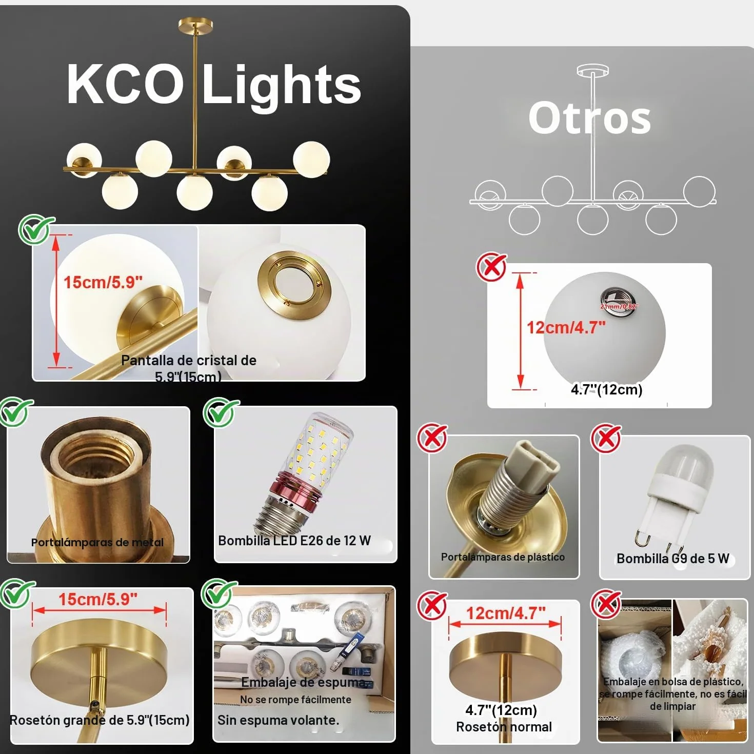 KCO Lighting Lámpara Colgante de Comedor Moderna de Metal Dorado, 7 Luces E27, Altura Ajustable 80 cm
