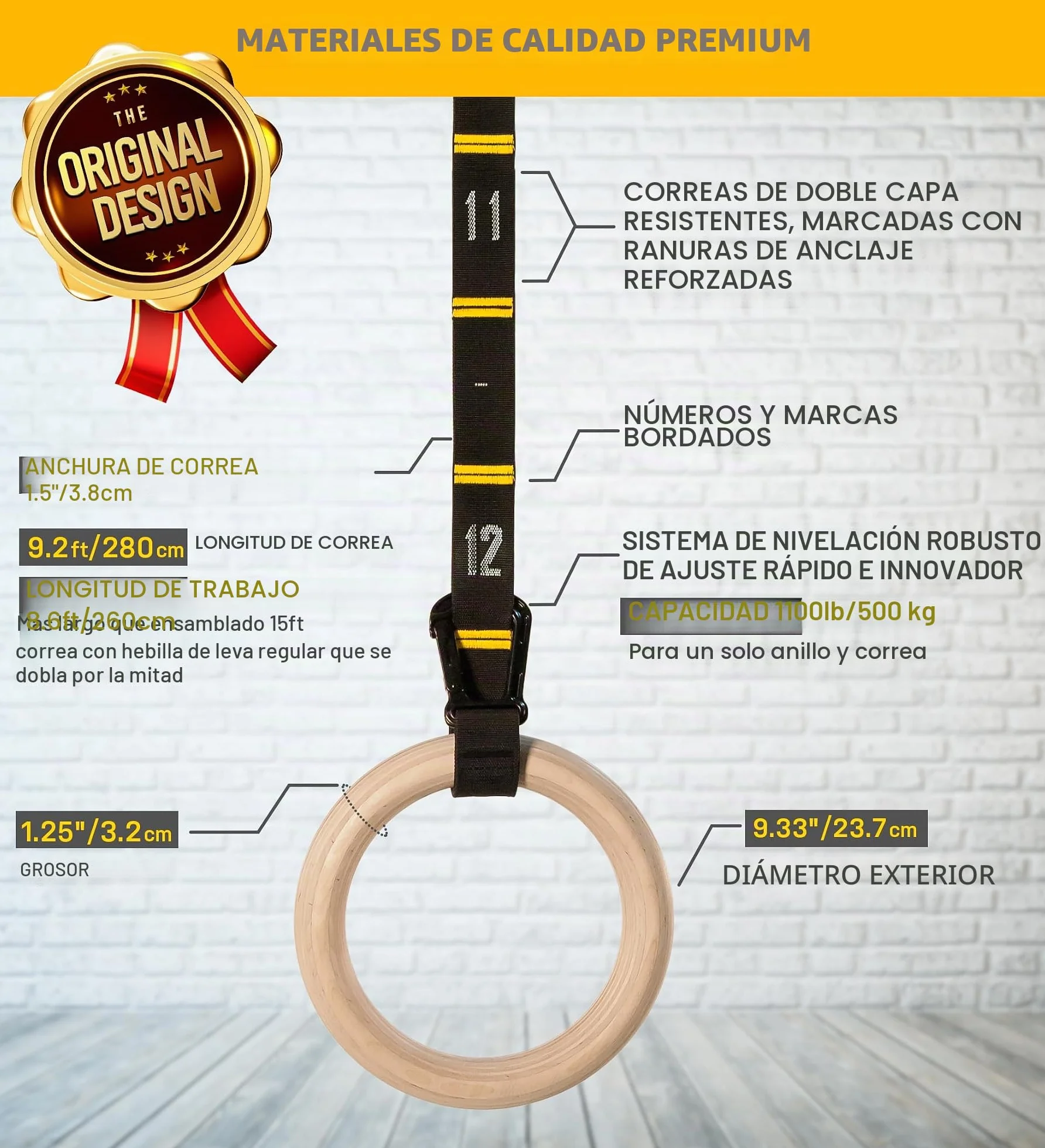 Anillos de Gimnasia de Madera Double Circle con Correas de Ajuste Rápido y Guía de Videos
