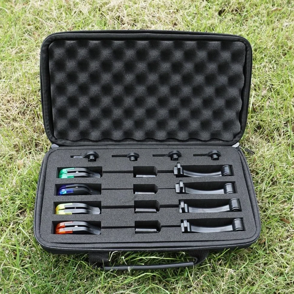 4 alarmas de pesca de carpas con indicadores de luz LED, parte superior de bola magnética y asiento base extraíble, alarma de mordida de punta de caña de 240 mm para pesca nocturna, estándar de 2,5 mm