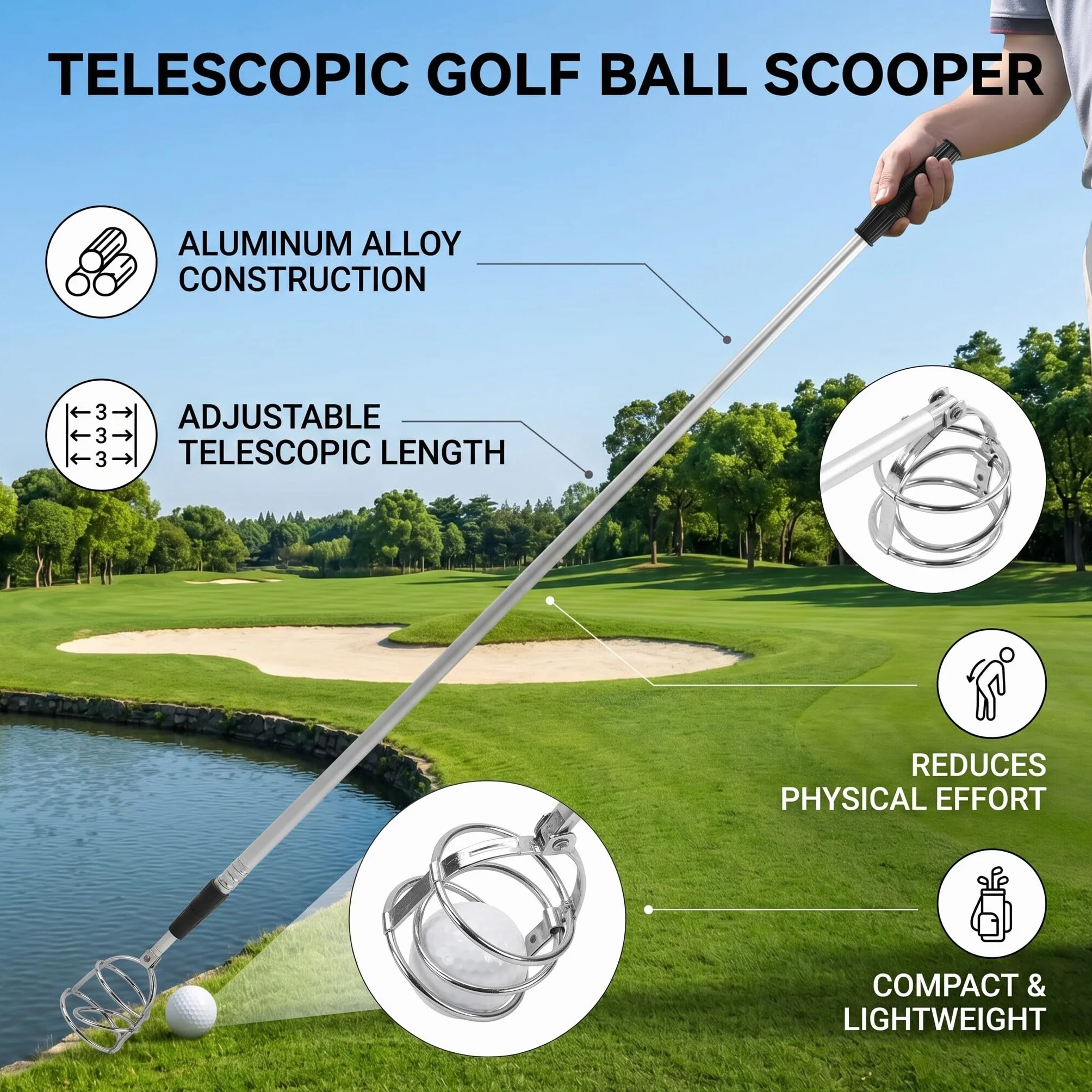 Recogedor de Pelotas de Golf Telescópico de Aluminio de 3 Secciones