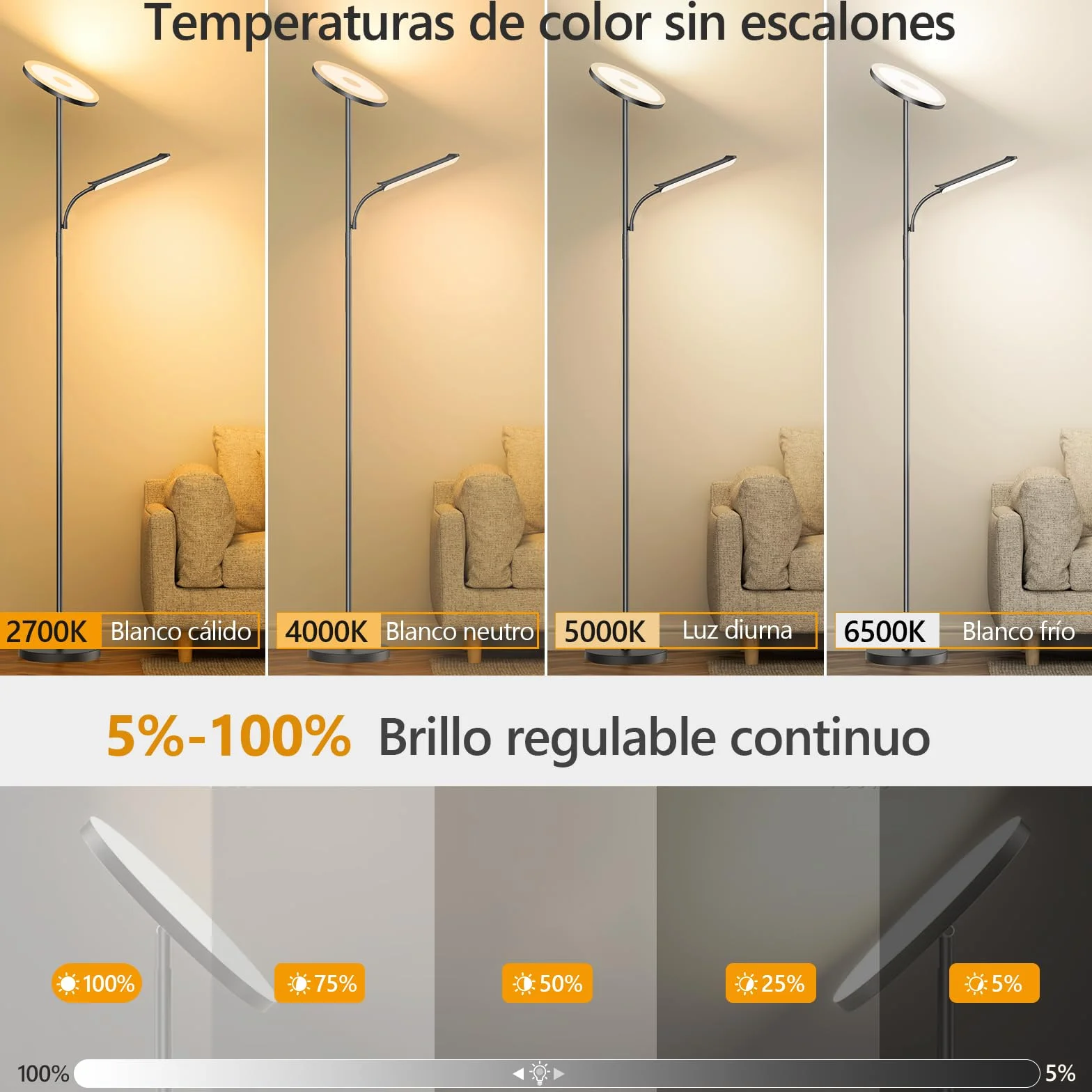 Lámpara de Pie LED Regulable 42W 4000LM para Salón con Luz de Lectura