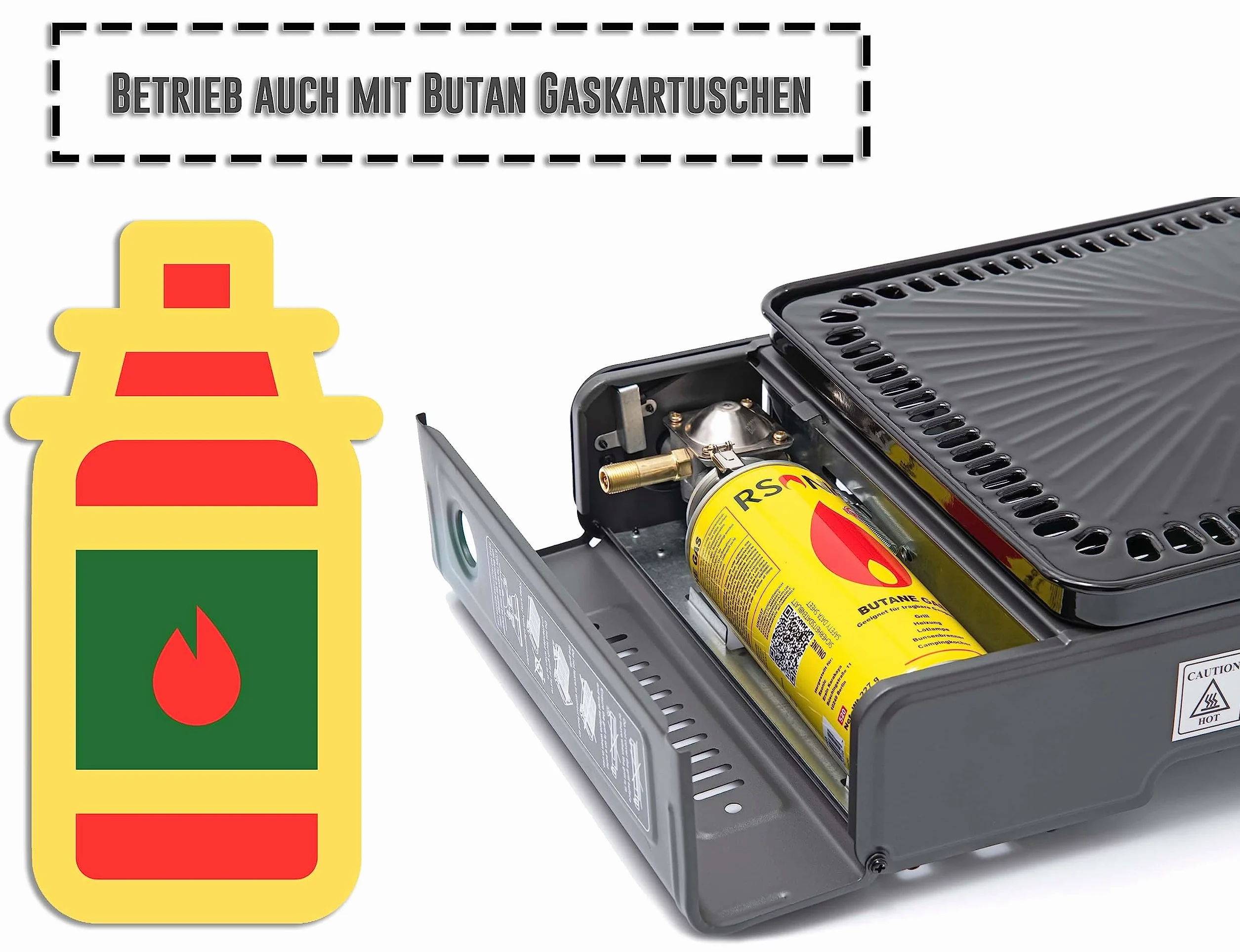 XXL Cocina Camping Cocina Gas Portable Cocina de Gas RS-4030 Parrilla de Gas Mechero de Gas - Negro - hervidor con 8 Cartuchos