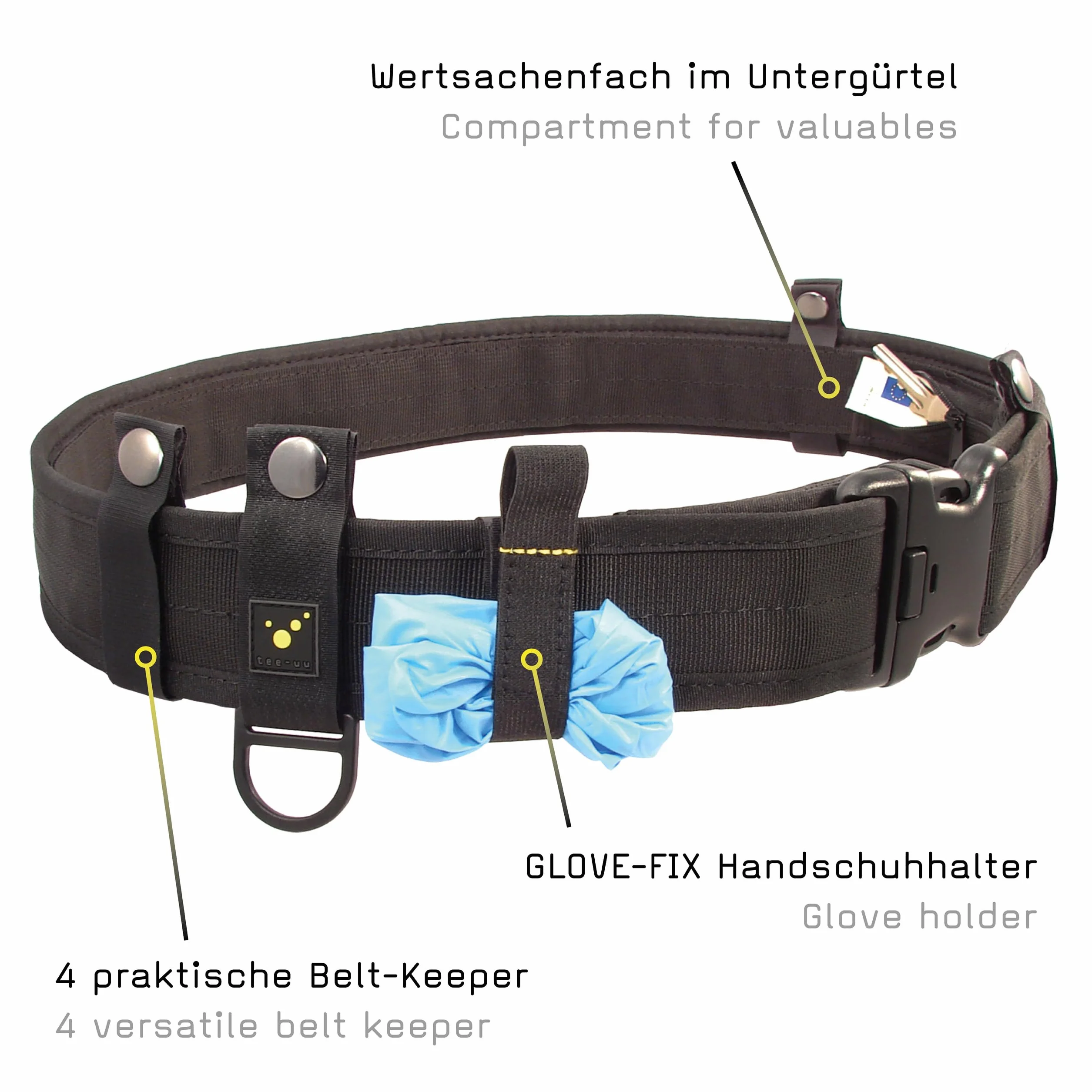 tee-uu Juego completo de cinturón de seguridad (S-XXL), color negro, incluye cinturón interior y juego de Belt Keeper, XXL (contorno de cadera 130 – 150 cm)