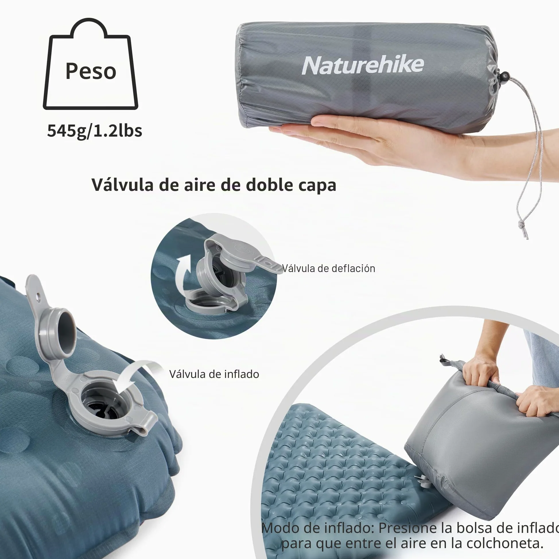 Naturehike Colchoneta para Dormir para Acampar con Valor R 3,5, colchoneta para Dormir autoinflable Ultraligera para Las 4 Estaciones, colchón de Aire Duradero con Bolsa Inflable L
