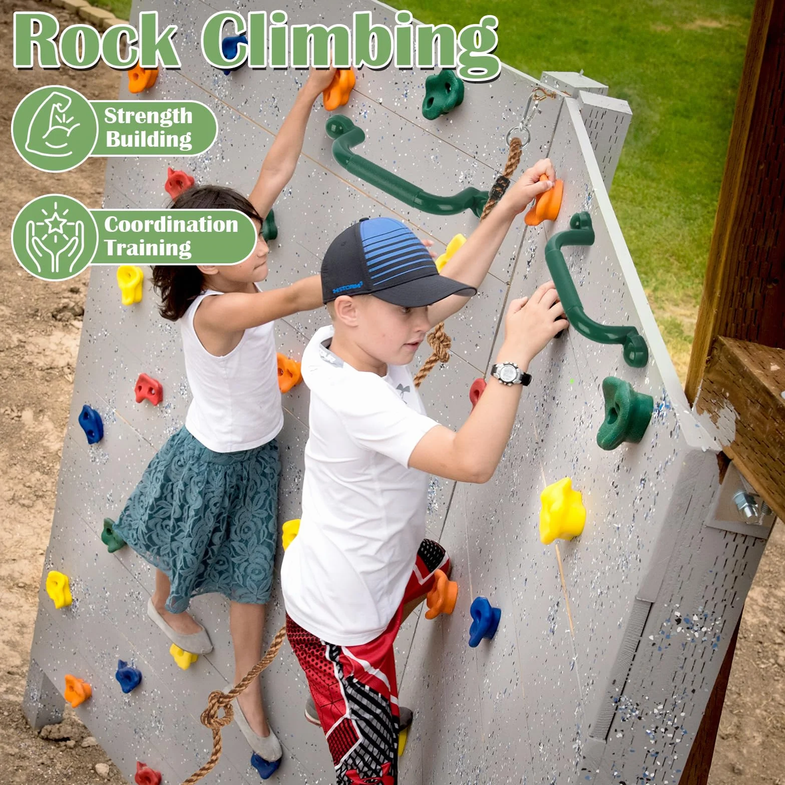 20 Piezas Presas Escalada Niños, Piedras escalada al Aire Libre | Soportes Escalada Accesorios con 270 cm Cuerda Escalada Anudada y 2 Agarraderas Verdes para Juegos Infantiles Interior y Exterior
