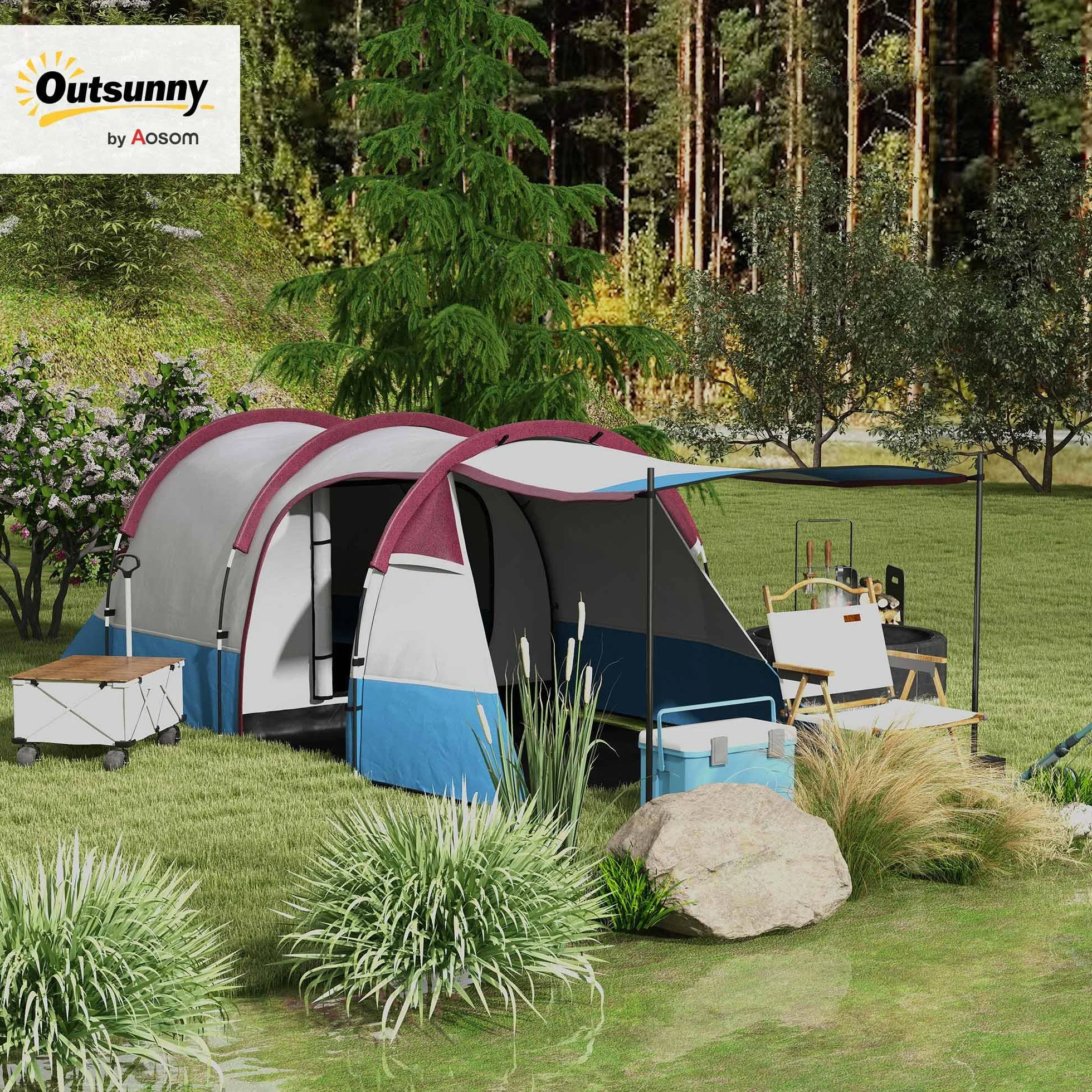 Outsunny Tienda de Campaña Familiar para 3 Personas Tienda Camping Plegable Ligera con 2 Habitaciones Bolsa de Transporte Impermeable 2000 mm para Playa Senderismo 420x200x150 cm