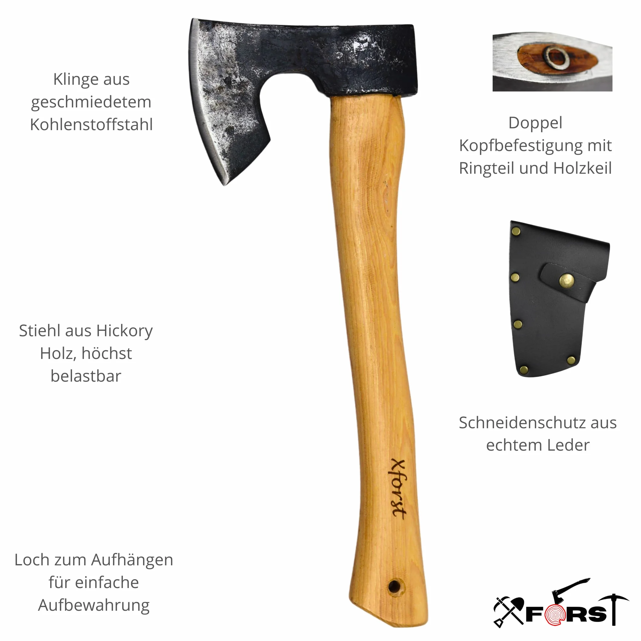 Xforst Hacha vikinga, hacha de supervivencia de acero al carbono forjado, hacha de mano con mango de madera de nogal y protector de corte de piel auténtica, 38 cm de longitud, 0,75 kg de peso, modelo
