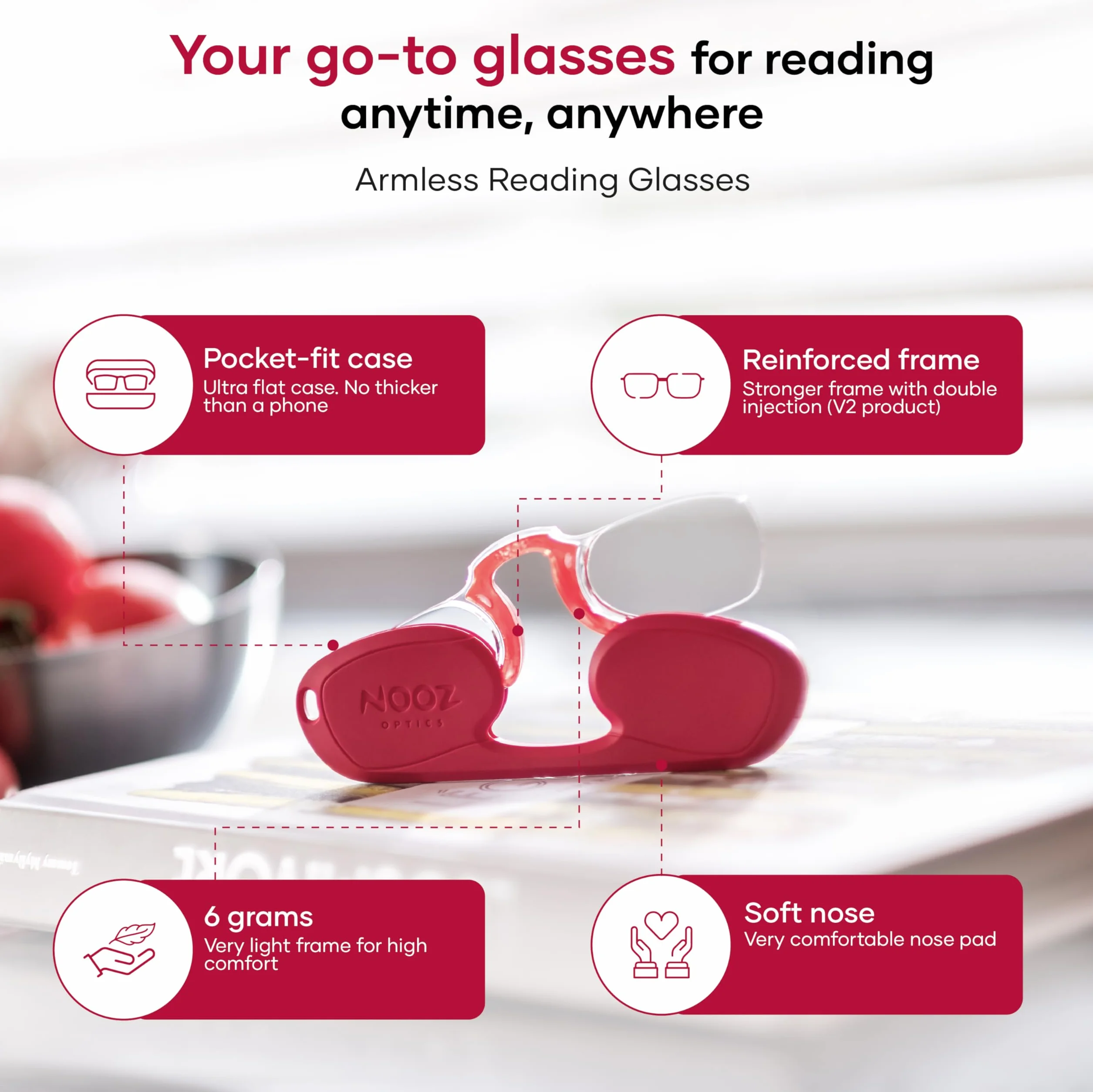 Nooz Gafas de Lectura sin Patillas Ultraligeras 6 g para Presbicia Rectangular Estuche Llavero Fabricadas en Francia