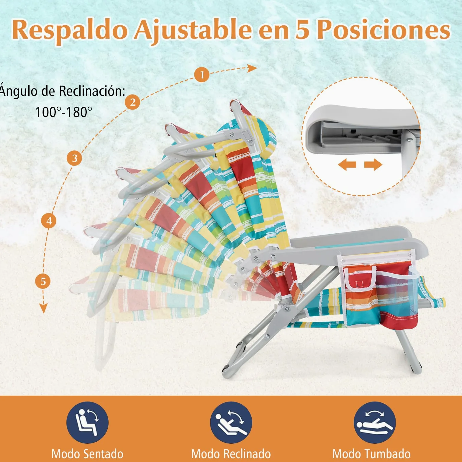 GIANTEX Silla de Playa Plegable con Bolsa de Almacenamiento, Bolsillos Laterales, Reposacabezas y Soporte para Toallas, Respaldo Ajustable 5 Niveles (2, Rayas Coloridas, 65 x 66 x 78 cm)