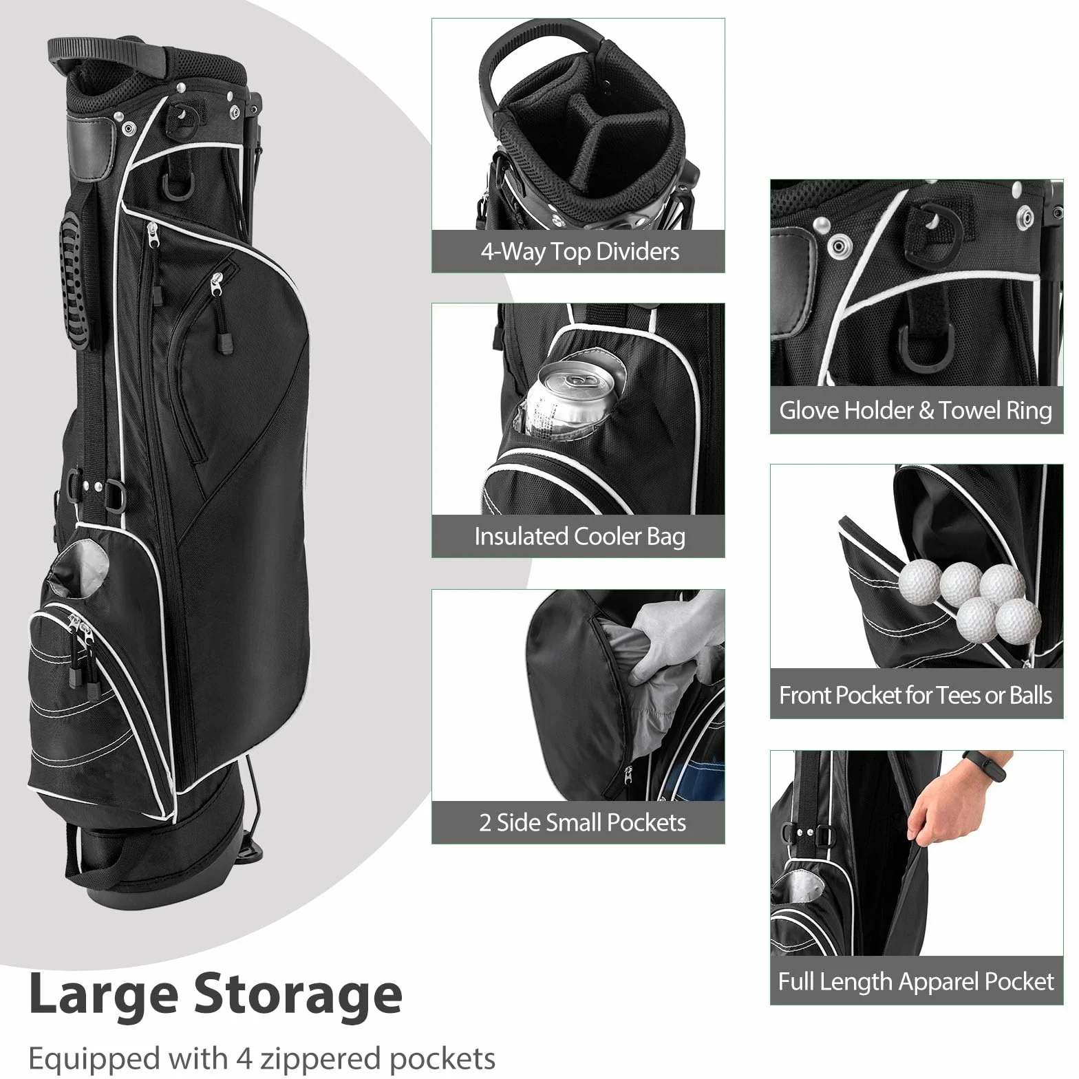 LIFEZEAL Bolsa con trípode de Golf, Bolsa de pie portátil con 4 divisores, Correas de Hombro Ajustables, Bolsa de Palos de Golf Ligera para Hombres y Mujeres