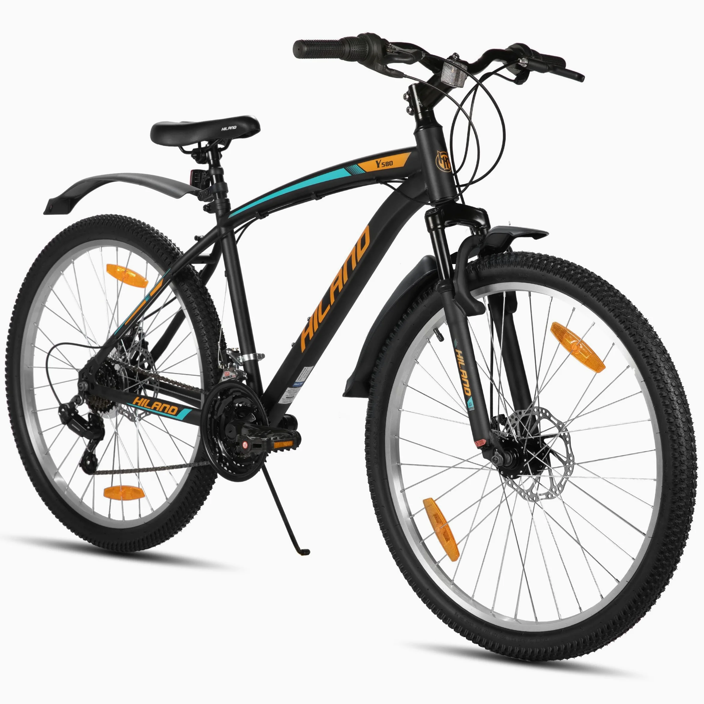 HILAND Bicicleta de Montaña 26/27,5”, 18 Velocidades, MTB para Hombre y Mujer, Doble Freno de Disco, Horquilla con Suspensión, Bicicleta para Adultos, Naranja/Amarillo
