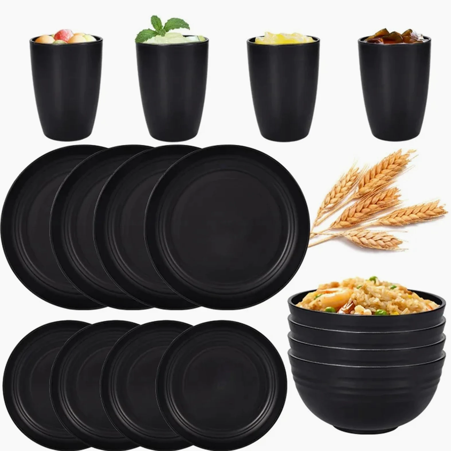 Juego de cubiertos de polipropileno negro de 8 piezas/16 piezas con plato, tazón, vajilla de fiesta de camping al aire libre (16 piezas)