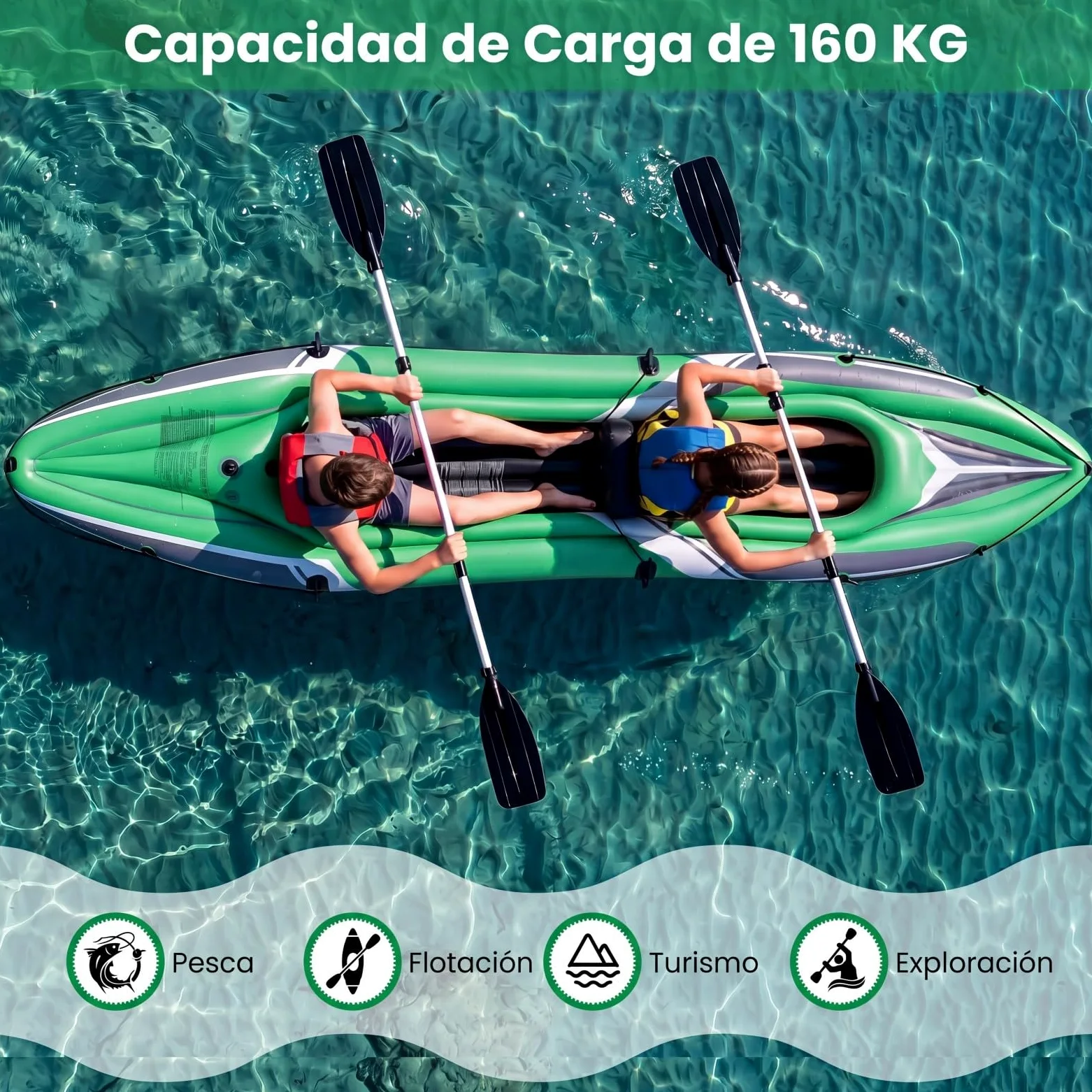 COSTWAY Kayak Hinchable 2 Plazas, Barca Hinchable con Remos de Aluminio, Asientos y Reposapiés Hinchables, Kayak Inflable para 2 Personas con Bomba Manual para Adultos, Carga 160 kg, 350 x 78 x 47 cm