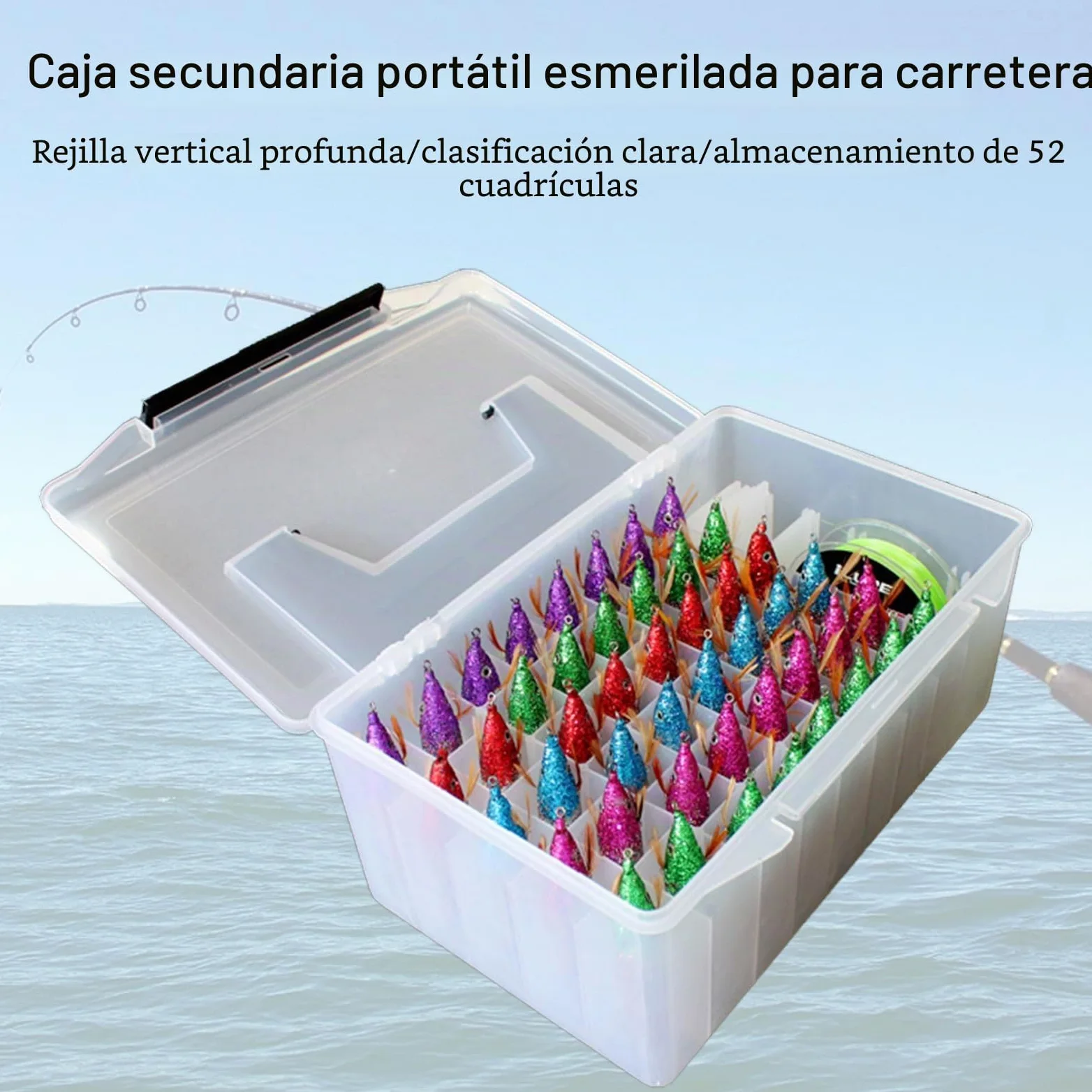 Caja de pesca con 52 rejillas, caja de aparejos de plástico, caja forrada de calamar, señuelos duros, caja de herramientas, organizadores de almacenamiento de pesca portátiles
