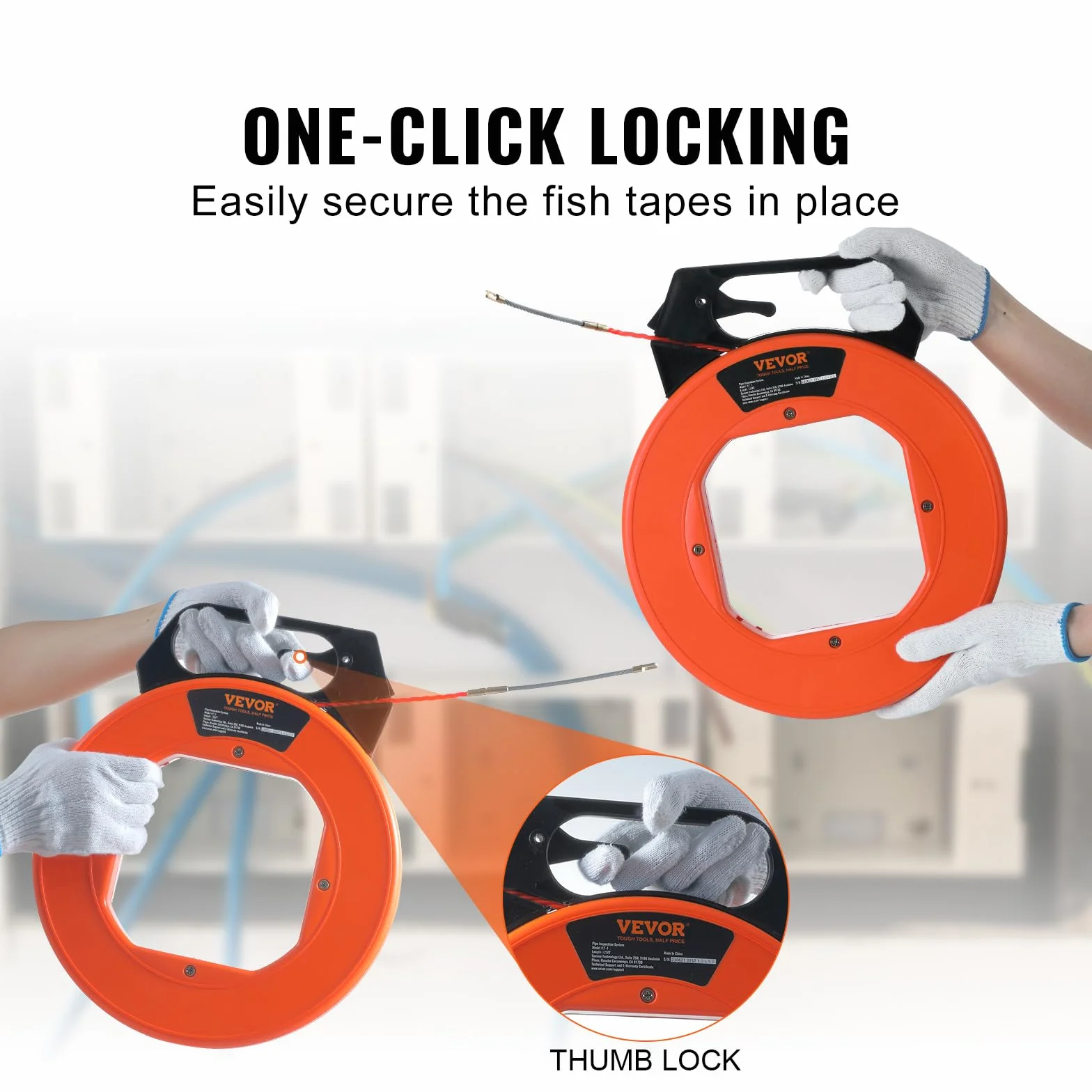 VEVOR Carrete de Cinta para Peces Longitud de 38,1 m Diámetro de 6,35 mm Extractor de Alambre PET Cinta de Pescar con Carcasa y Mango Herramientas de Pesca de Alambre Flexible con Caja de Plástico