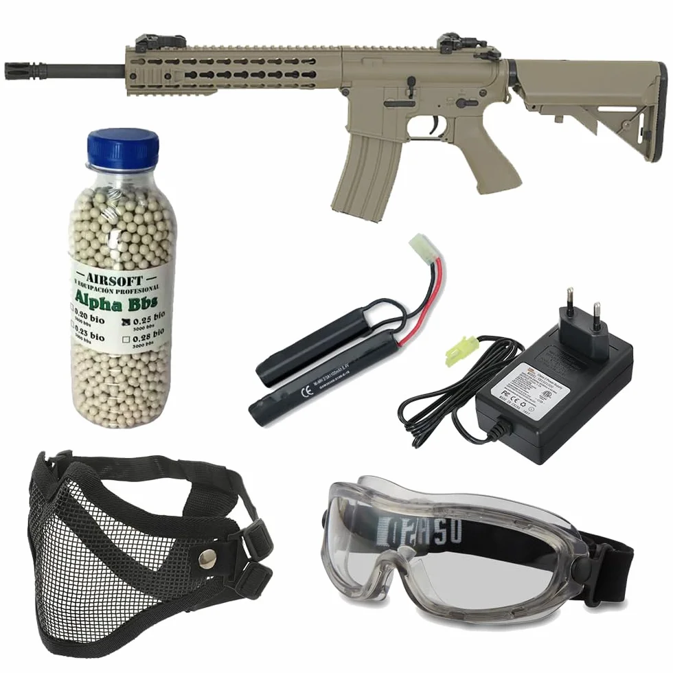 Pack Airsoft Rifle eléctrico CM.515 M4 Tan con batería, Cargador de batería, Cargador de Bolas, Gafas homologadas, máscara Facial y Botella de 3000 Bolas. Potencia 1 Julio